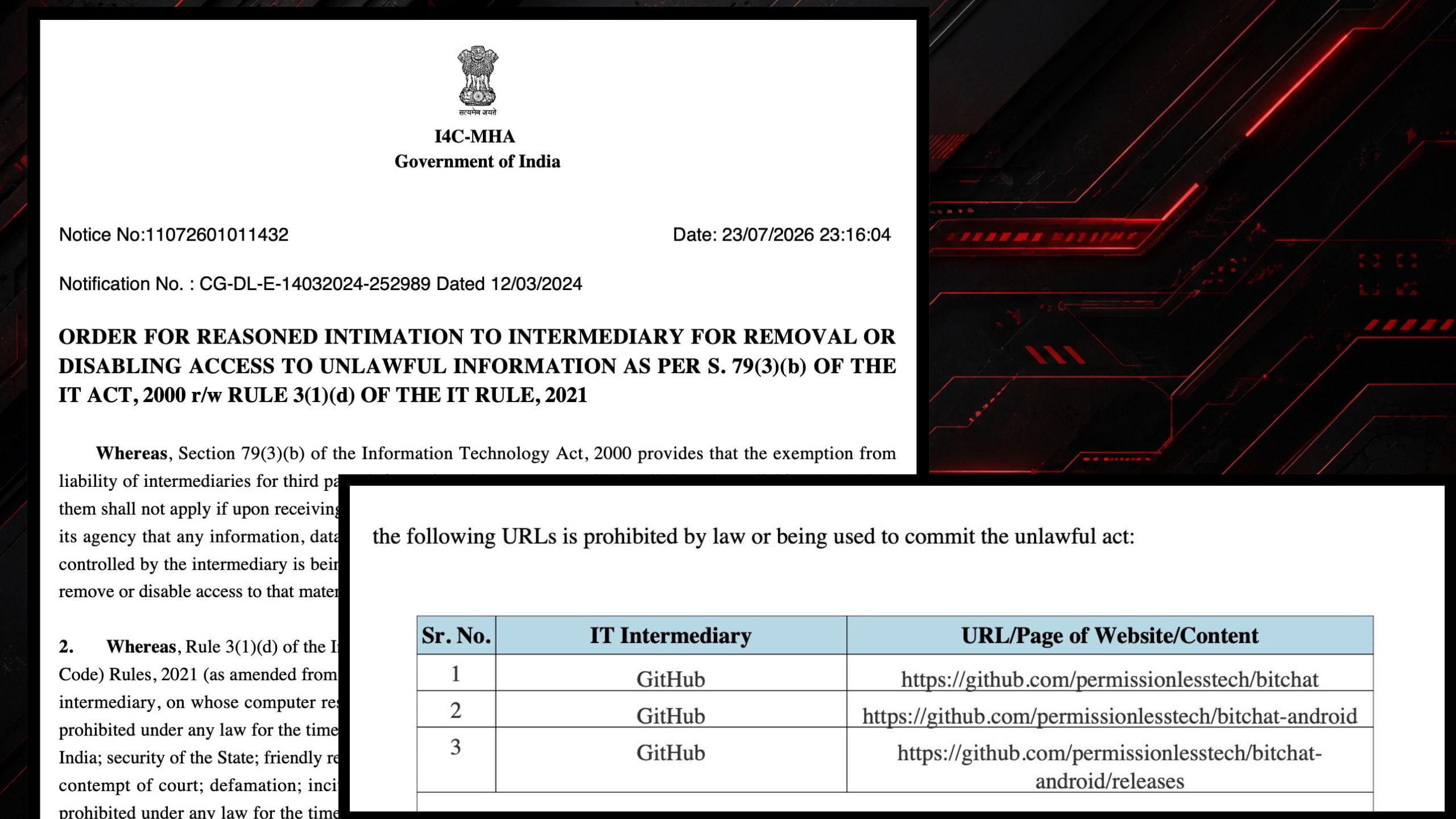 Order for removal of unlawful information from GitHub by the Government of India, including a table of URLs.