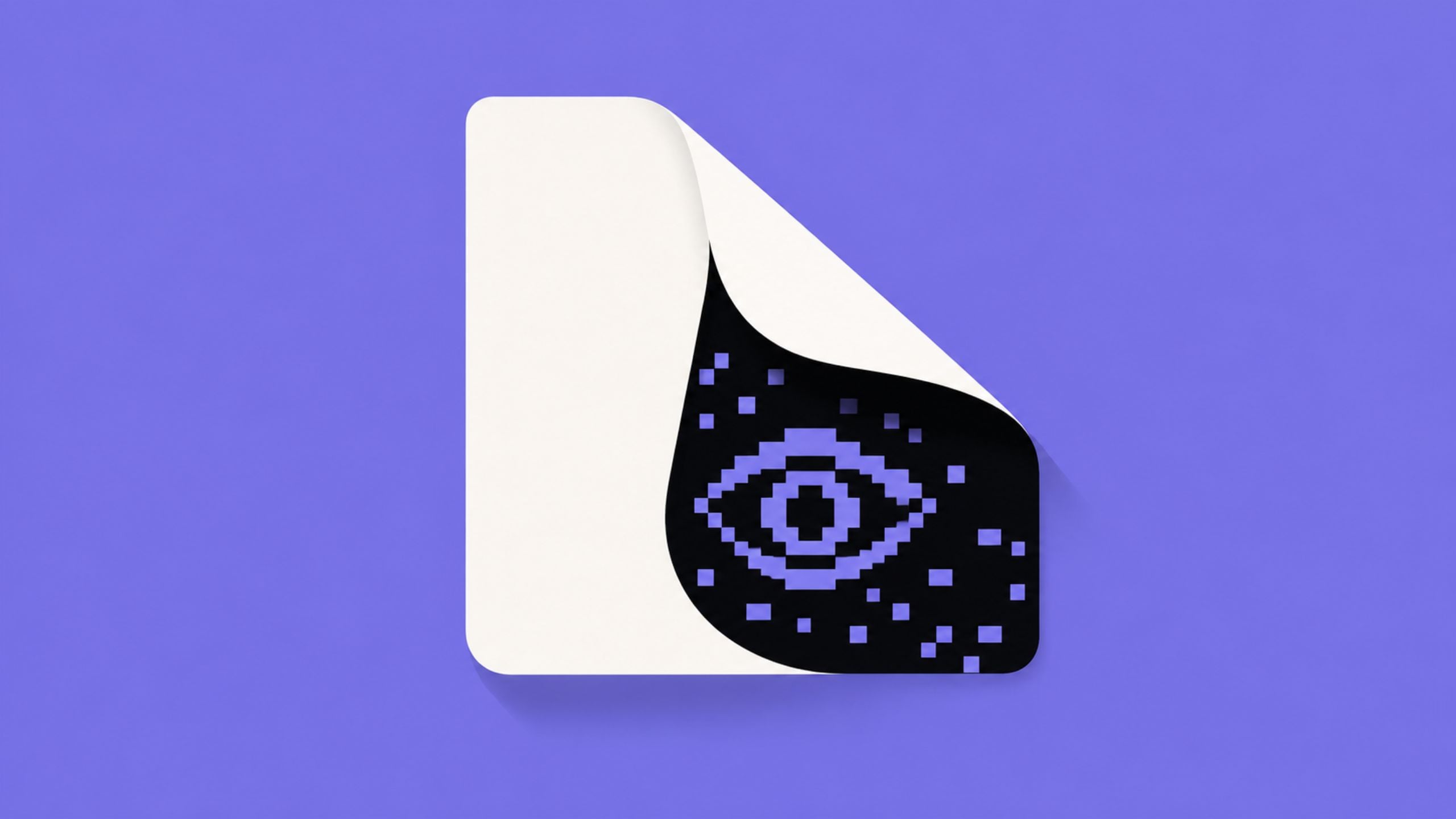 Stylized document icon with a folded corner and a pixelated eye on a purple background