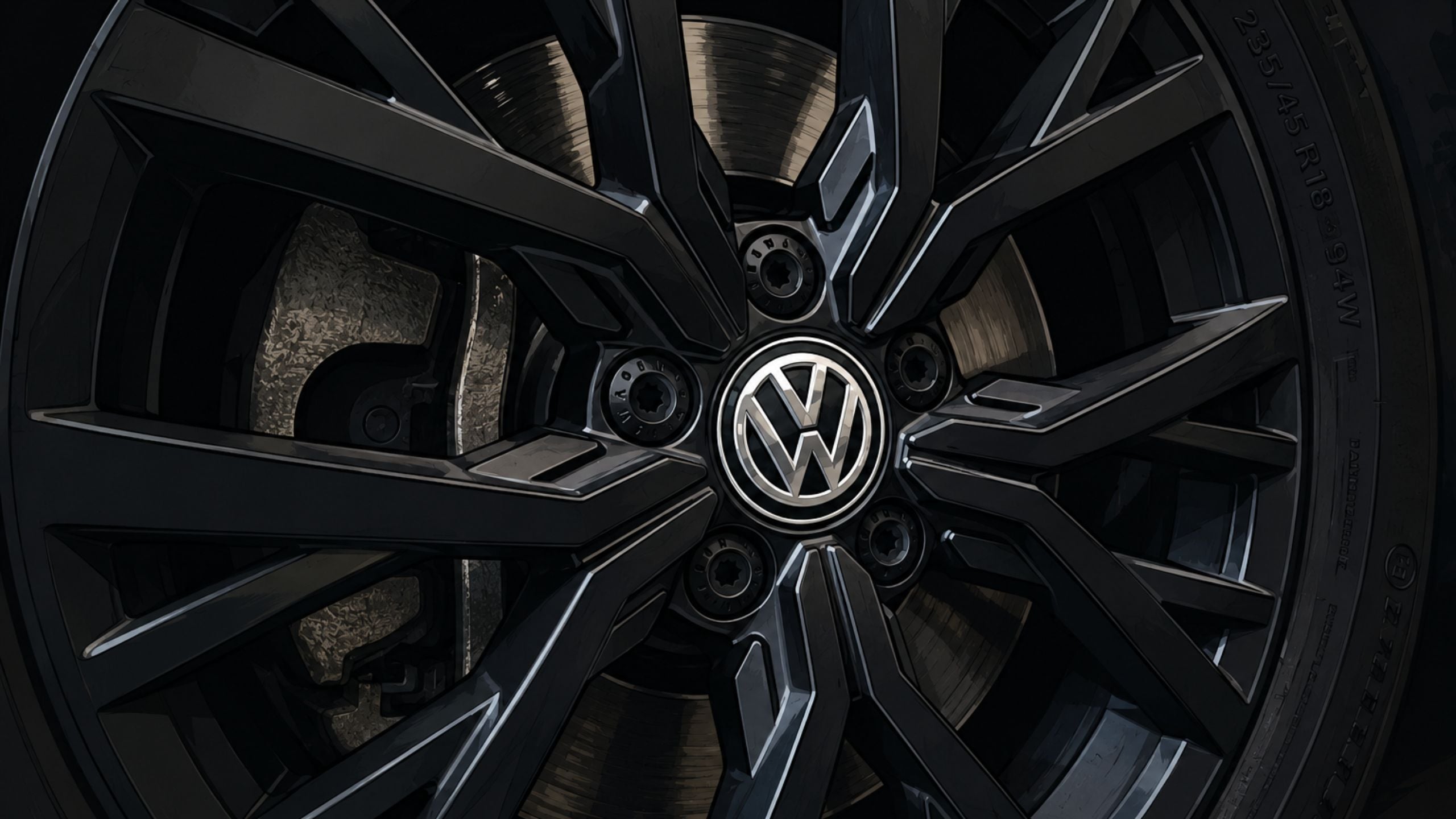 Close-up of a black Volkswagen alloy wheel with a silver VW logo and brake disc visible behind the spokes