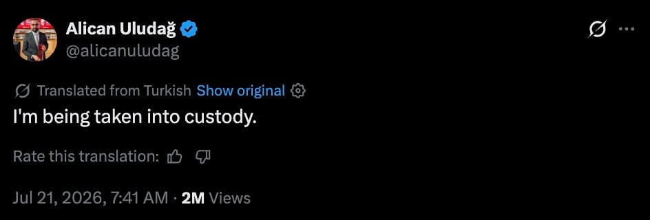 A tweet from user @alicanuludag stating "I'm being taken into custody," with a translation note and view count.