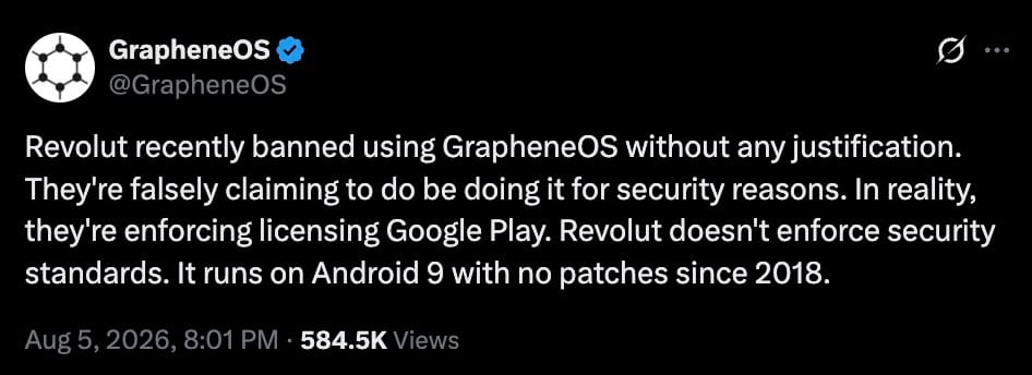 Revolut banned using GrapheneOS without justification, citing security reasons while running outdated Android 9.