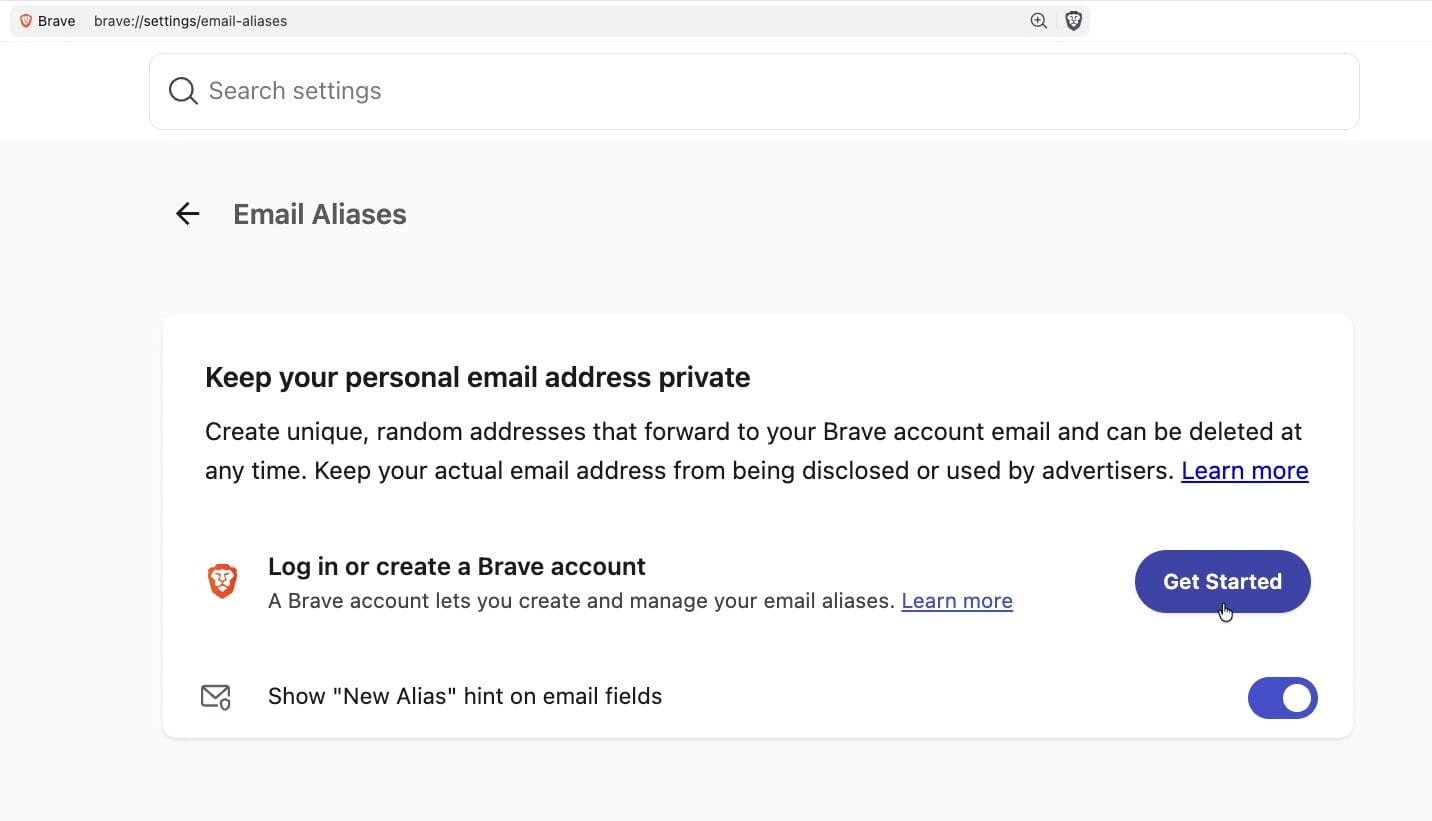 Brave browser Email Aliases settings screen offering to keep personal email private with unique forwarded addresses.
