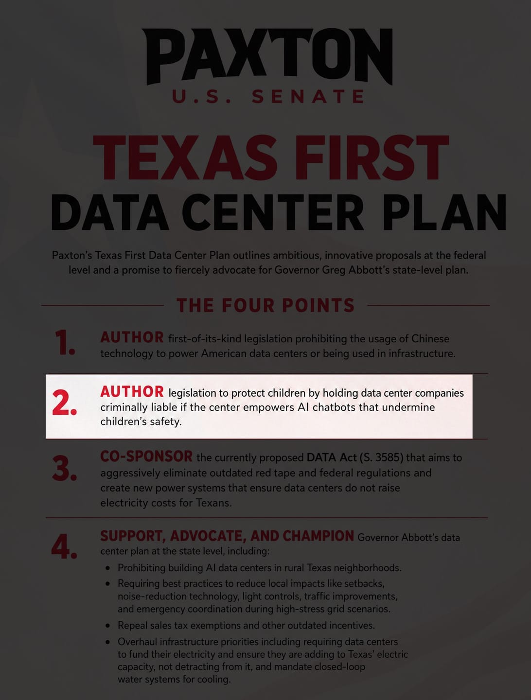 Paxton campaign graphic highlighting a plan to hold data centers liable if they empower AI chatbots harmful to children.