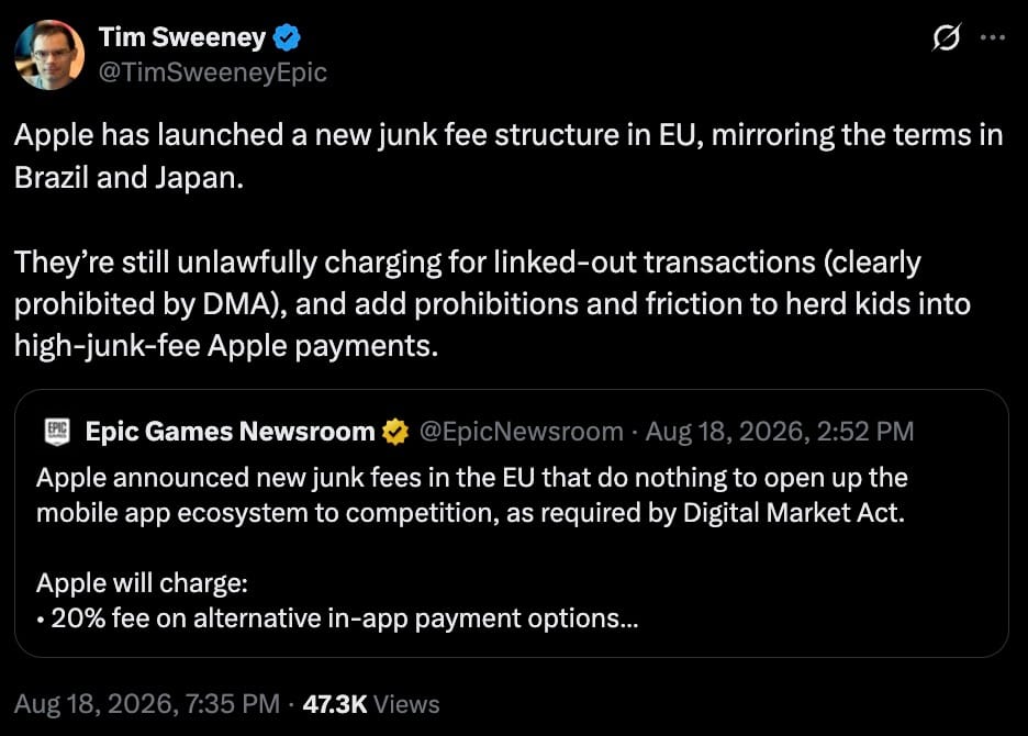 Tim Sweeney tweets about Apple's new junk fee structure in the EU, Brazil, and Japan, criticizing linked transactions.