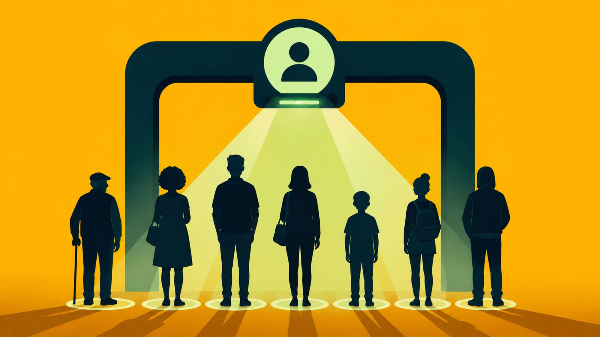 Silhouetted people stand in a line under a scanner gateway beaming light and displaying a user profile icon.