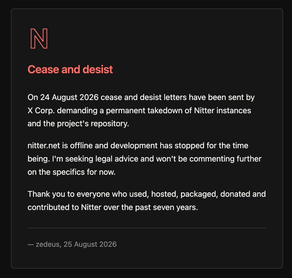 Nitter notice stating that X Corp sent cease and desist letters demanding a permanent takedown of instances and repository.