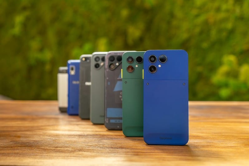 A lineup of various smartphones in different colors and designs, displayed on a wooden surface with a green background.