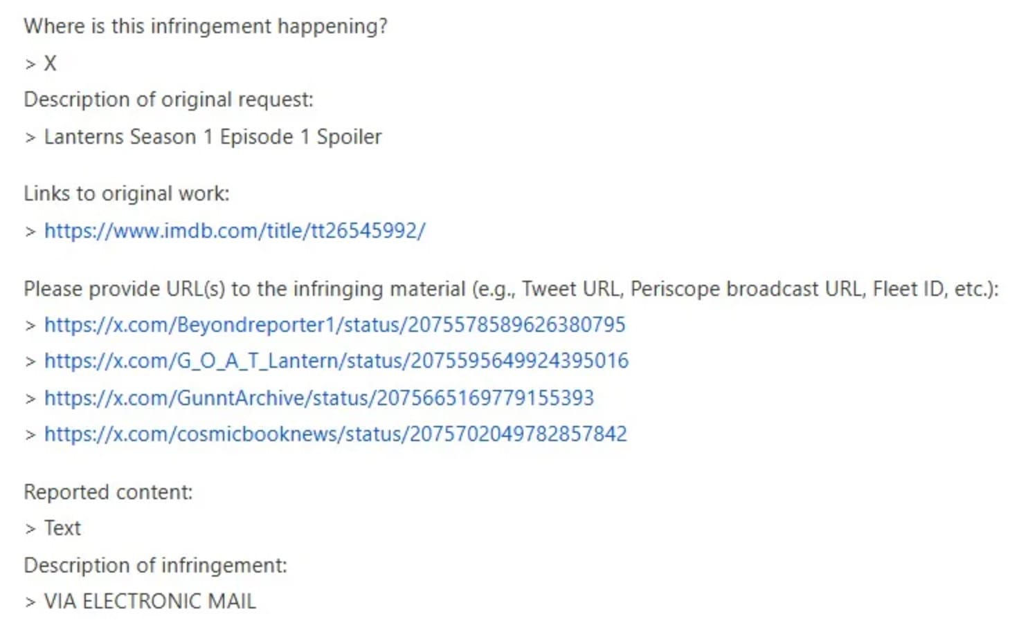 Request for original content removal regarding "Lanterns Season 1 Episode 1 Spoiler" with URLs to infringing material.