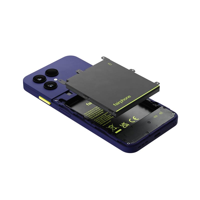 Fairphone with its back cover removed, showing the battery and internal components.