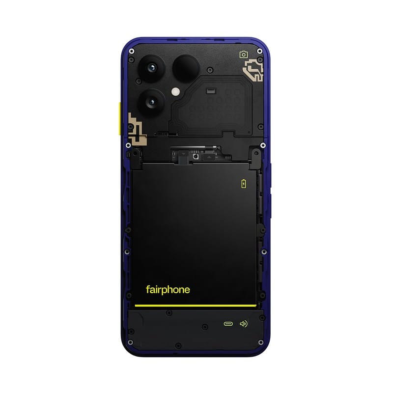 Back view of a Fairphone showing its internal components, including the battery and camera modules.
