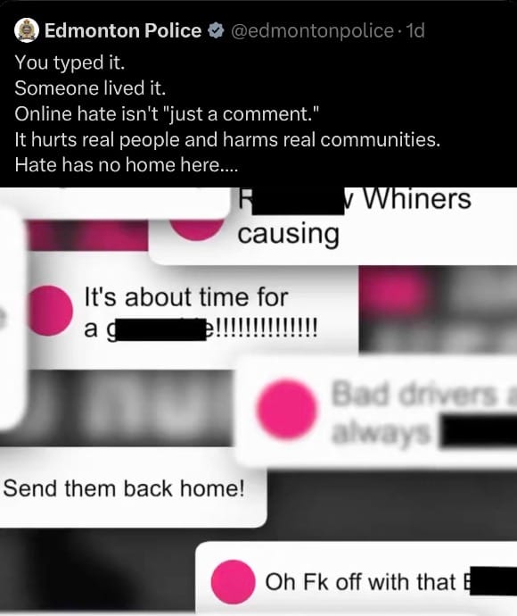 Edmonton Police tweet addressing online hate, featuring comments about sending people back home and negative remarks.