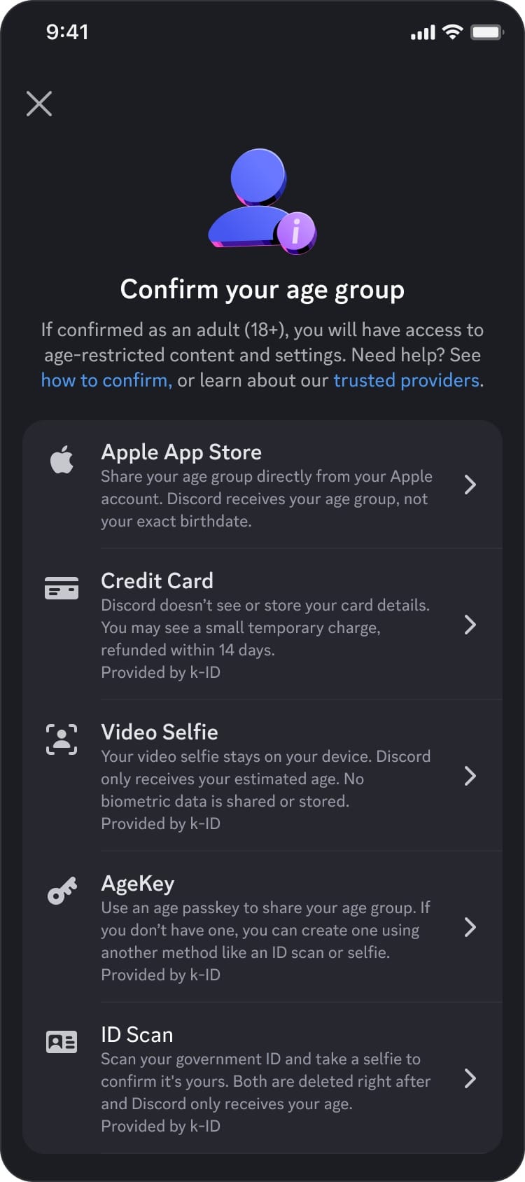 Discord Confirm your age group prompt showing verification options including Apple App Store, Credit Card, and ID Scan.