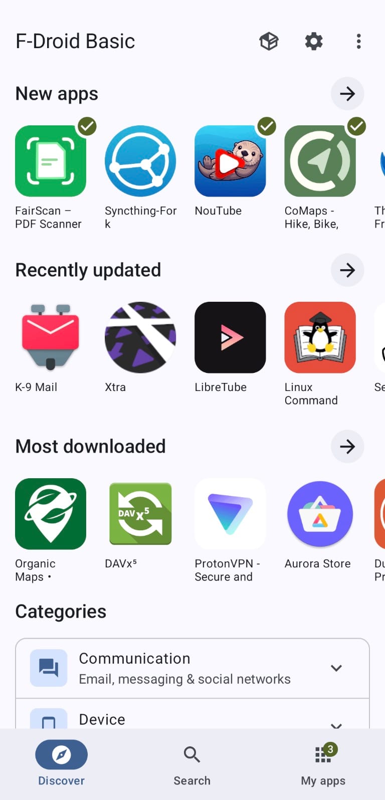 F-Droid Basic app interface showing sections for new apps, recently updated, most downloaded, and categories.