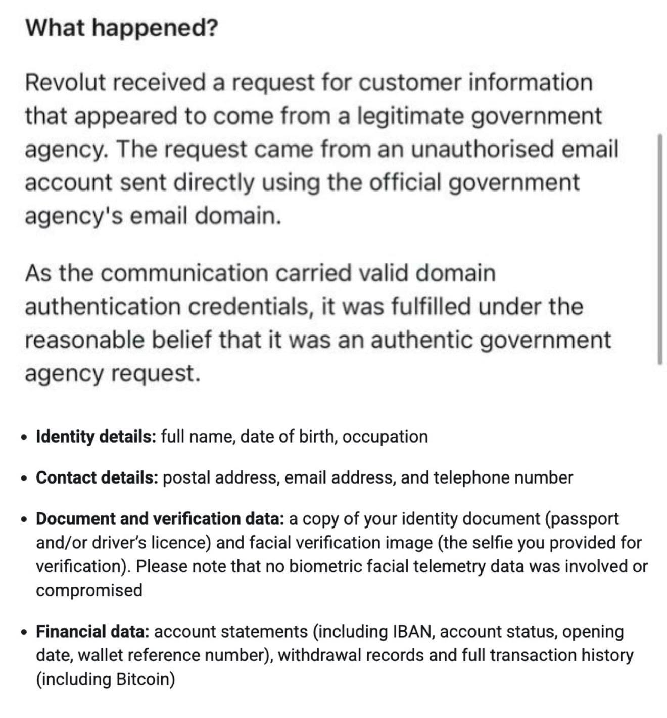 Revolut notice explaining customer identity and financial data was shared after an unauthorized government email request.