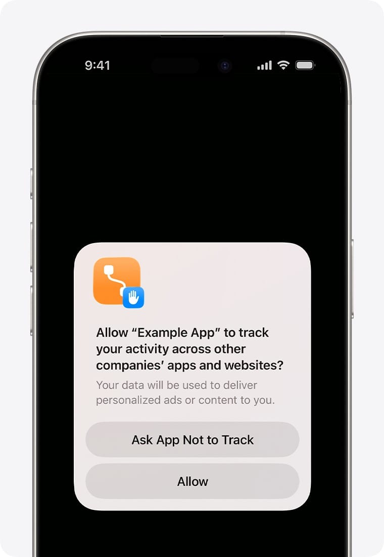 An iPhone screen showing an App Tracking Transparency prompt asking to track activity with Ask App Not to Track and Allow.