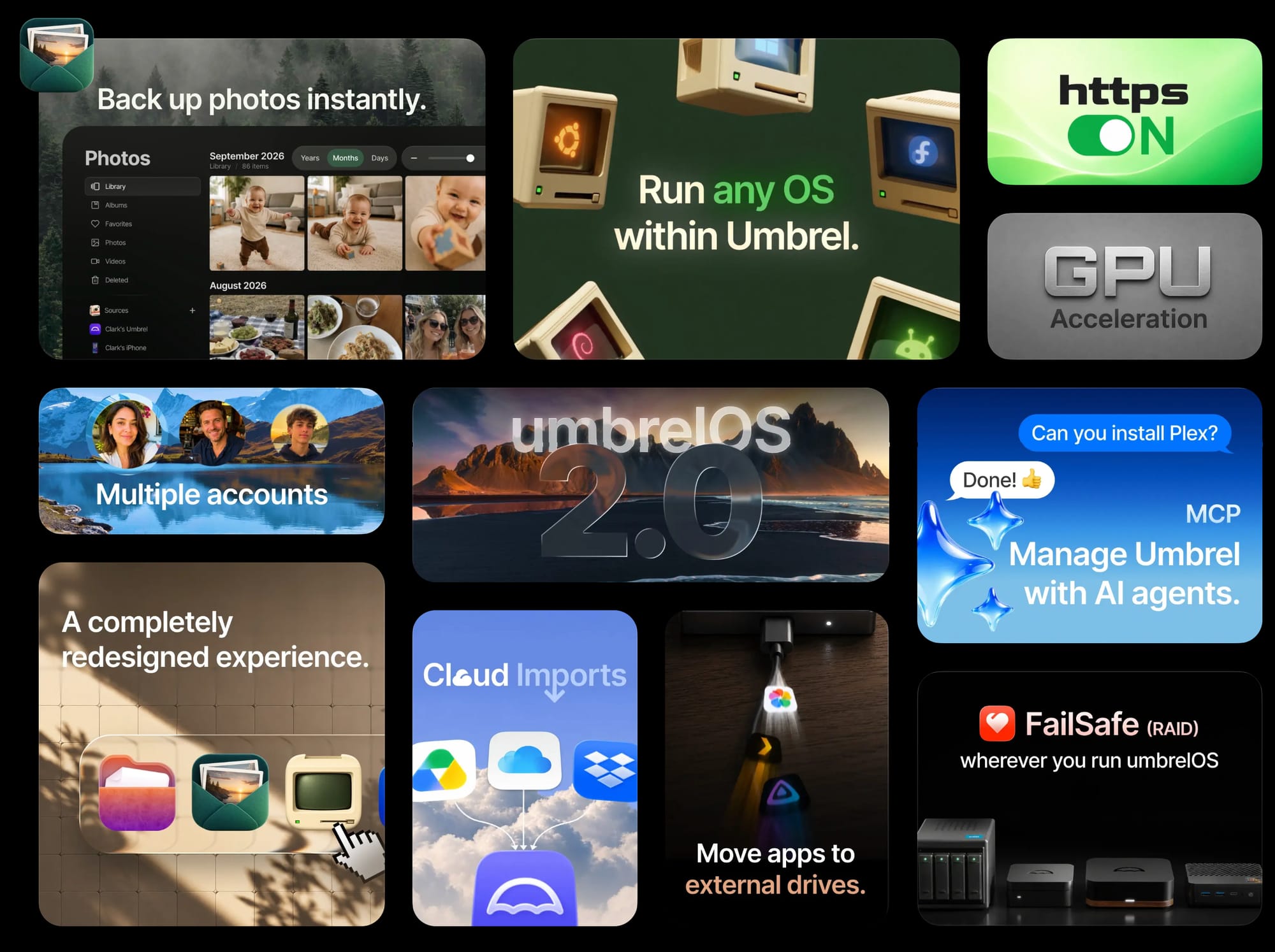 Feature cards promoting umbrelOS 2.0 with highlights like Run any OS, Cloud Imports, and AI agent management.