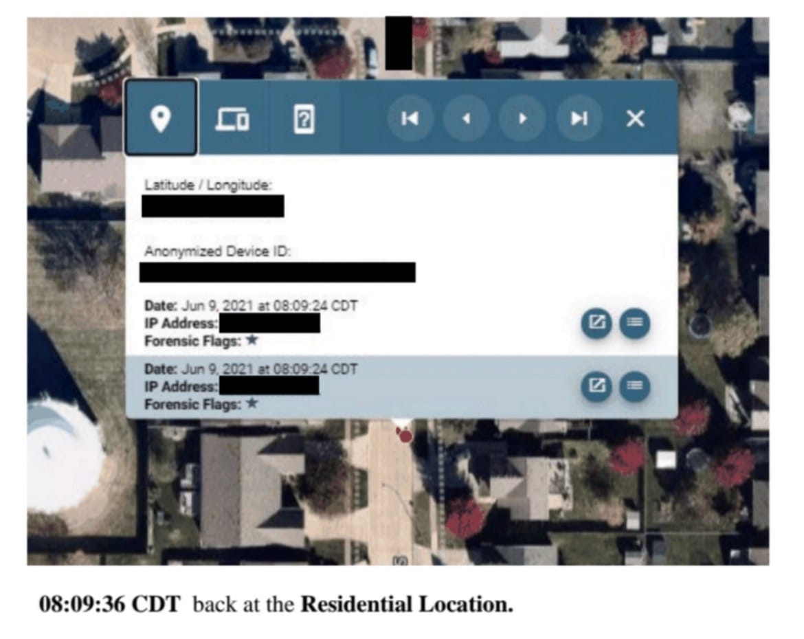 Aerial map interface showing redacted device tracking data, timestamps, and IP addresses over a residential street.