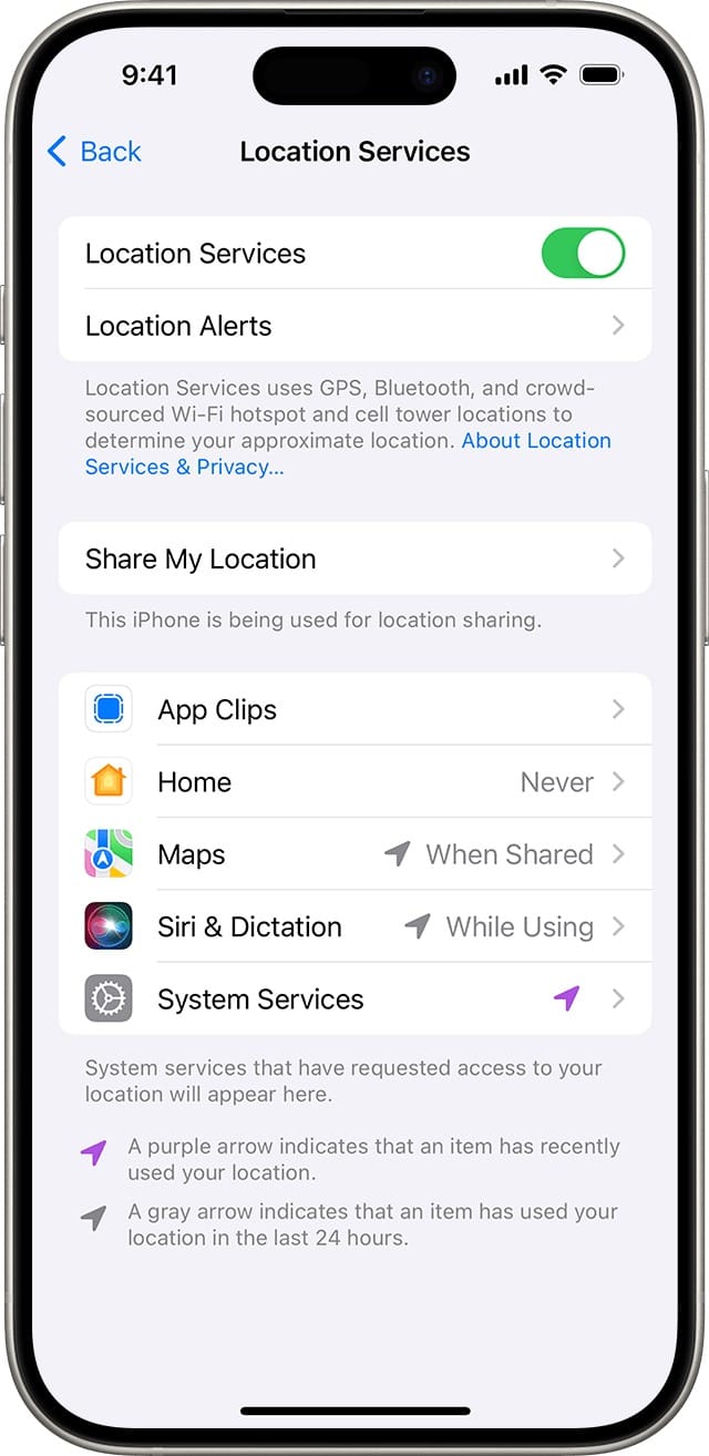 iOS Location Services settings screen on an iPhone showing app permissions and location sharing options.