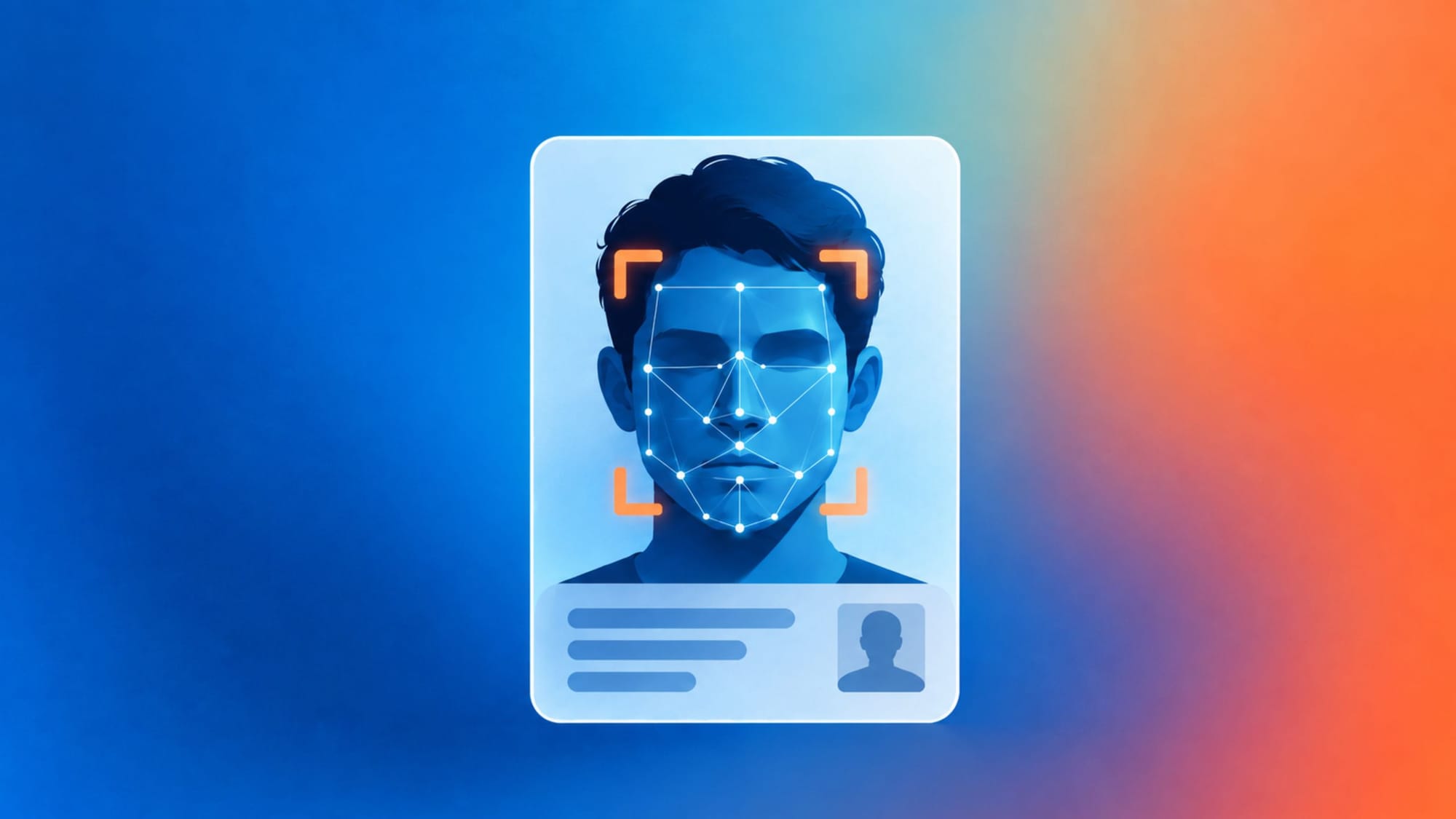 A digital ID card illustration showing a man's face scanned with facial recognition grid lines and orange brackets.