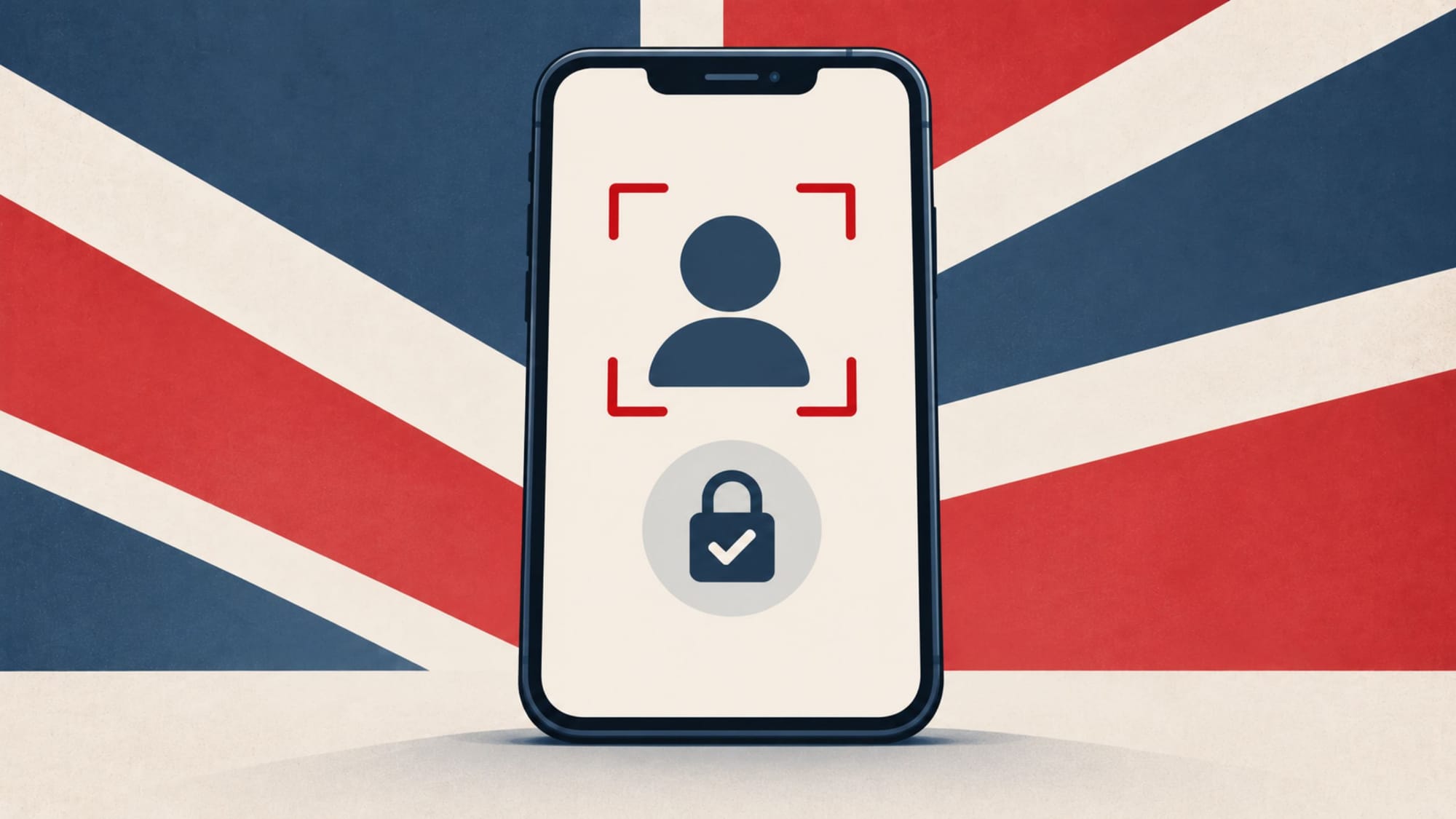 Smartphone with face scan framing and a lock icon displayed against a stylized UK flag background.