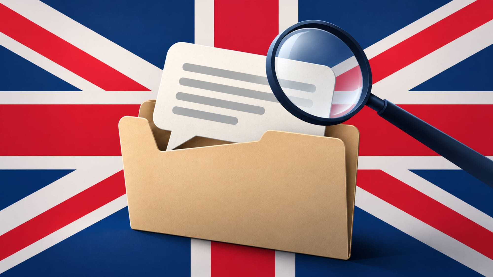 A magnifying glass inspecting a speech bubble inside an open manila folder over the UK Union Jack flag.