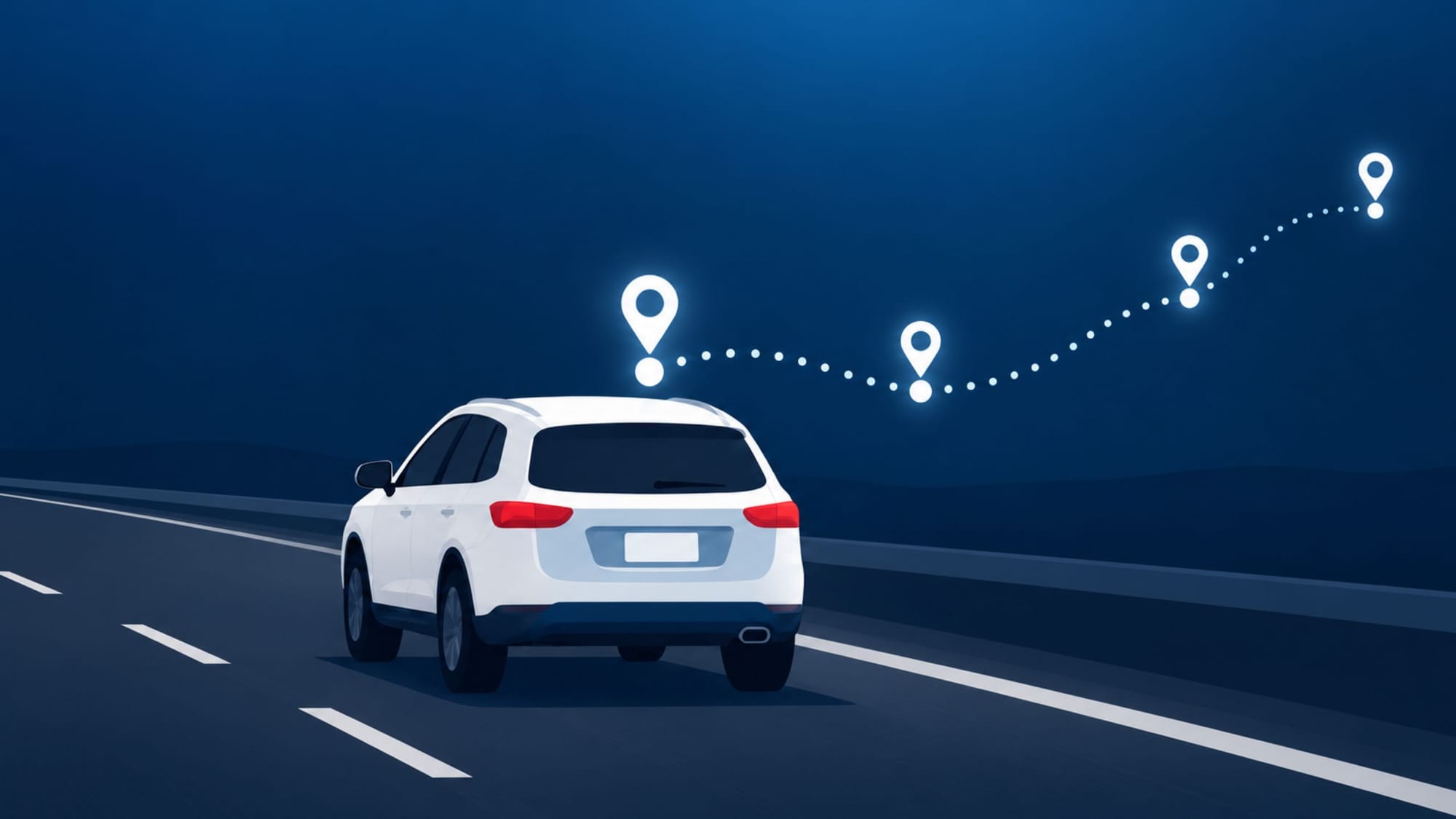 A white SUV drives along a dark highway with glowing location pins tracking its route along a dotted line.