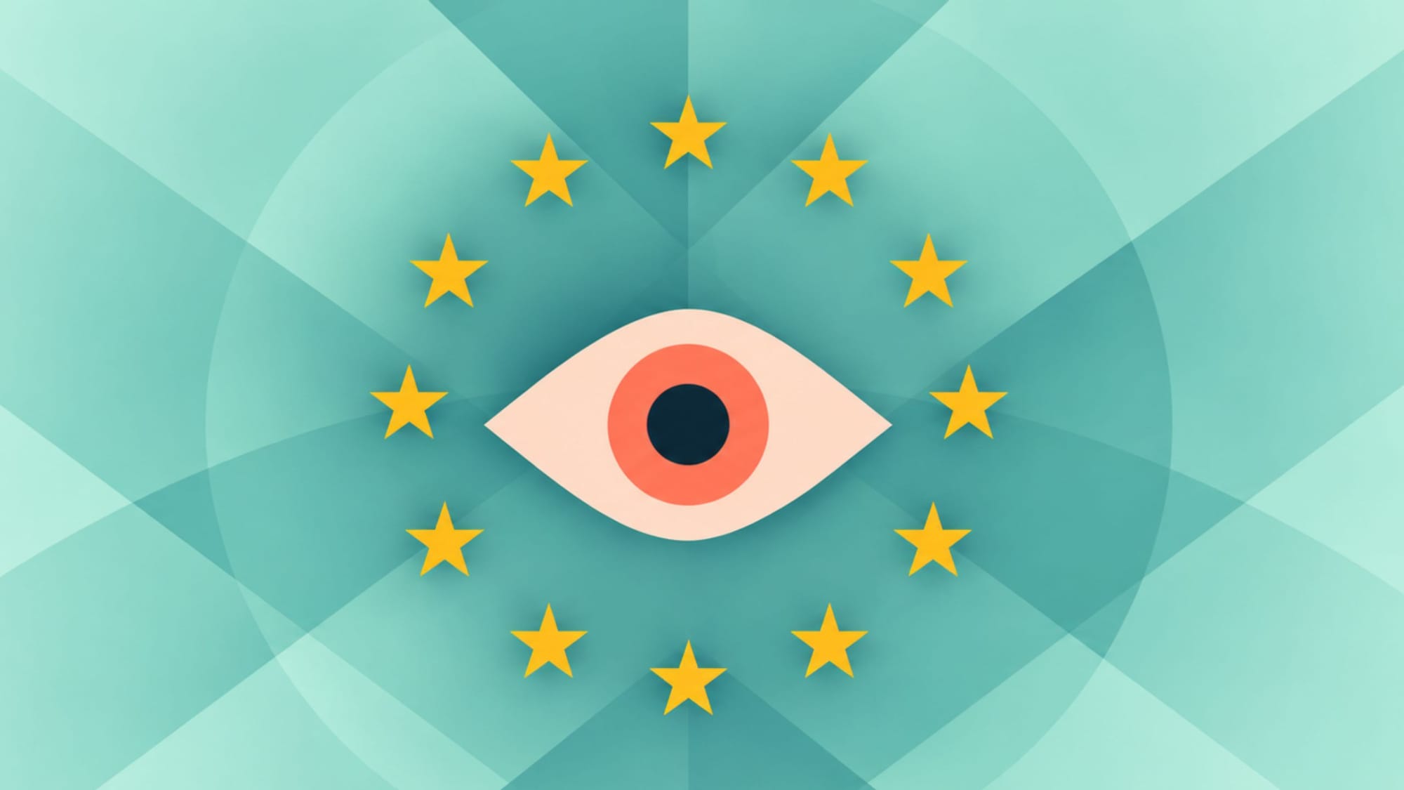 An eye icon surrounded by a circle of twelve yellow EU stars on a geometric teal background.