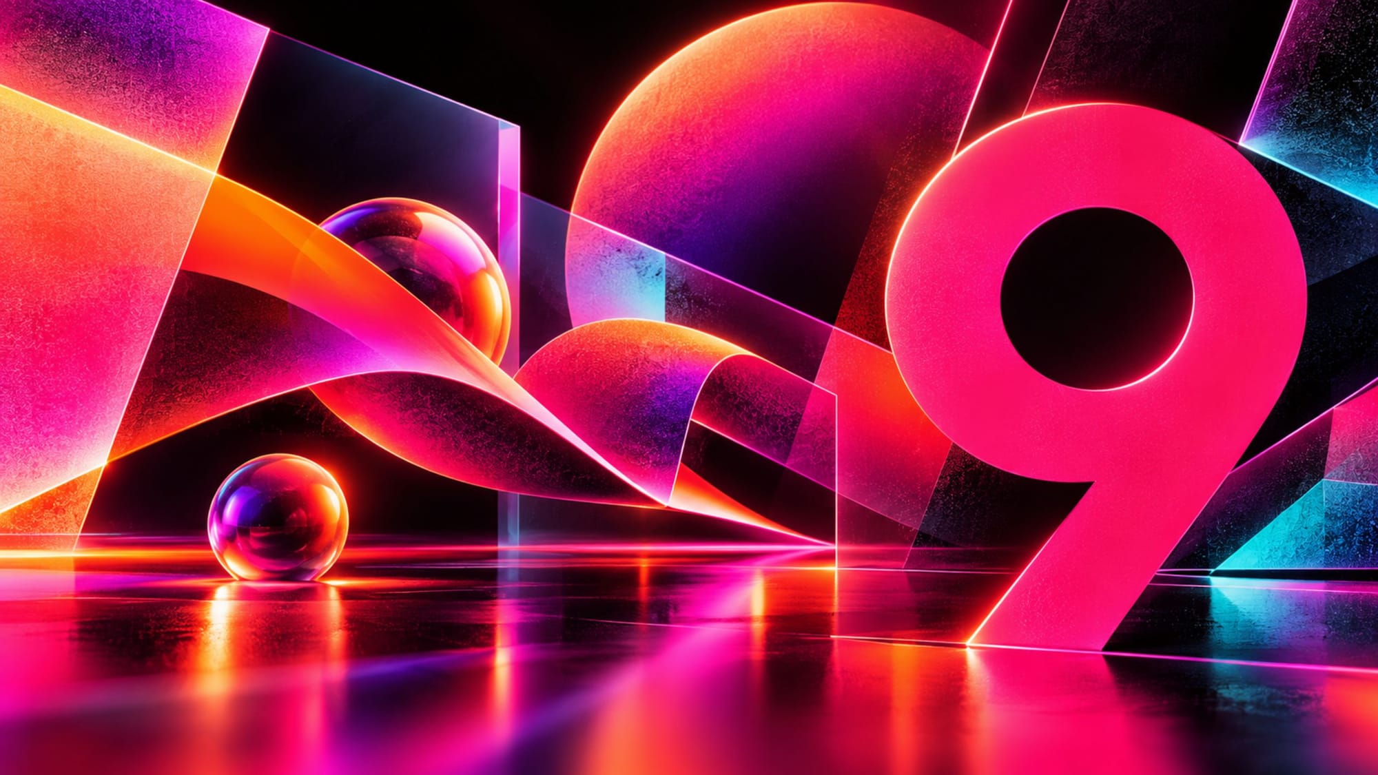 Vibrant neon pink 3D number 9 with glowing spheres, abstract ribbons, and geometric planes on a reflective surface.