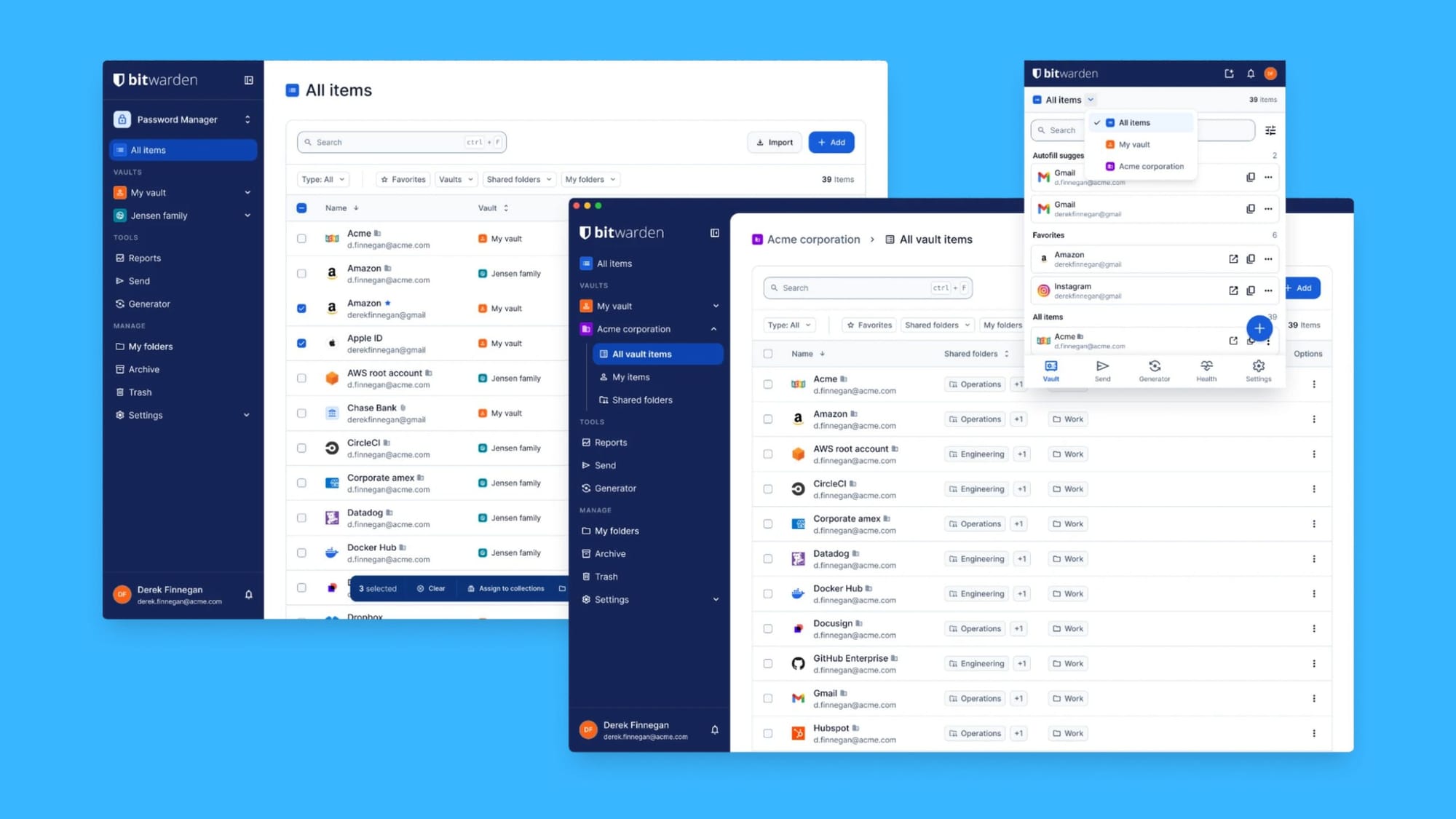 Bitwarden password manager user interface displayed across desktop and mobile application mockups on a blue background.