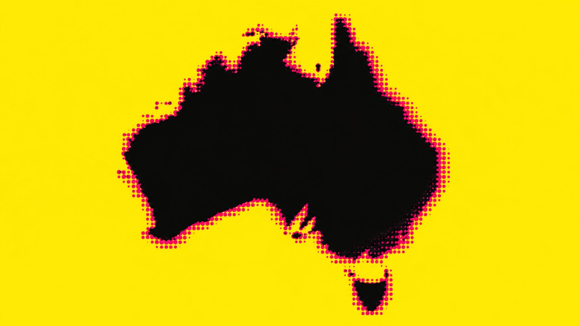 Black silhouette map of Australia with a pink halftone border on a bright yellow background.x