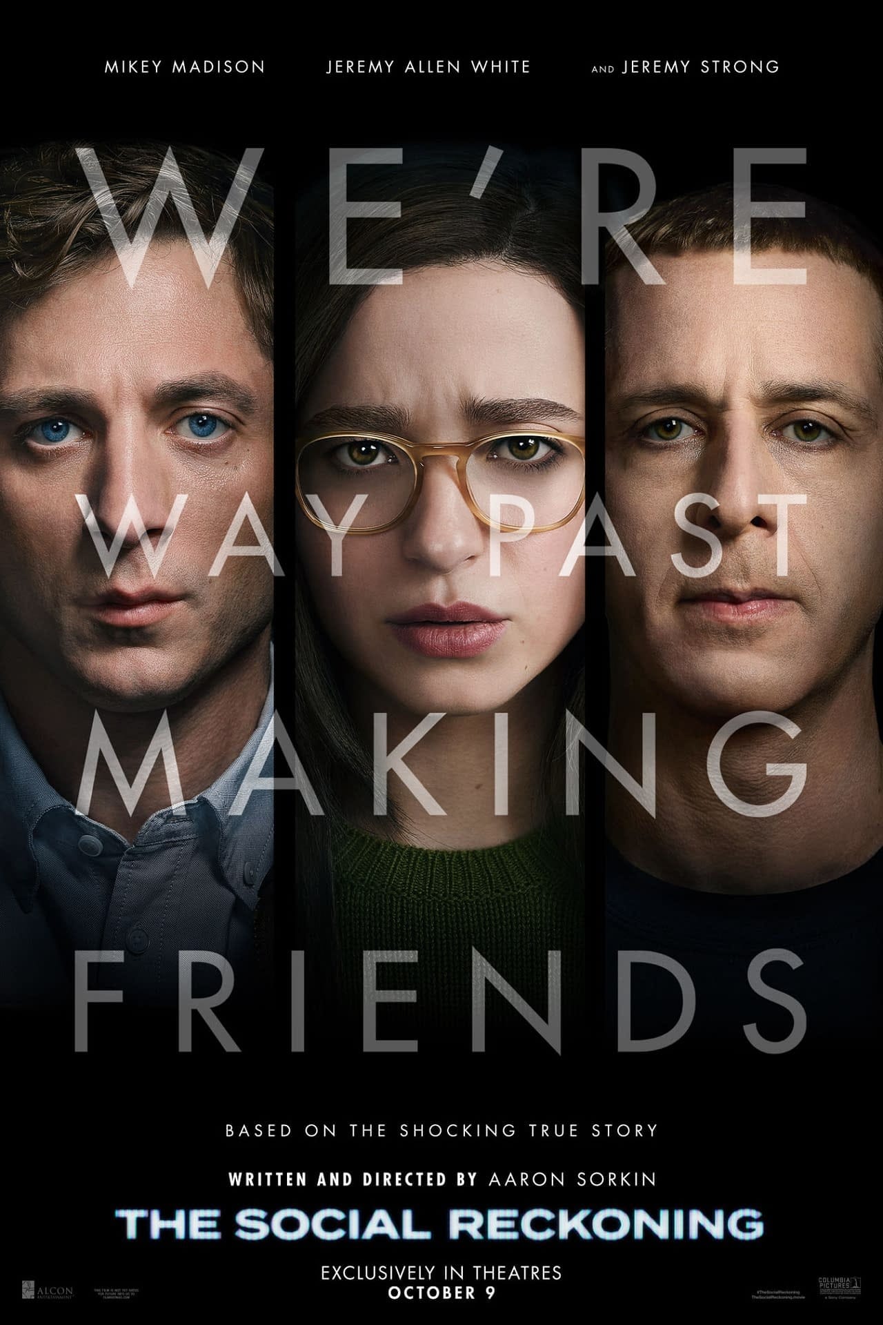 Movie poster for The Social Reckoning with the faces of Jeremy Allen White, Mikey Madison, and Jeremy Strong.