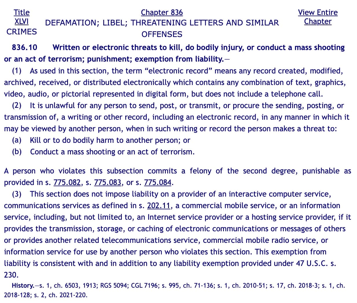 Text of Florida statute 836.10 regarding written or electronic threats to kill, do bodily injury, or conduct a mass shooting.