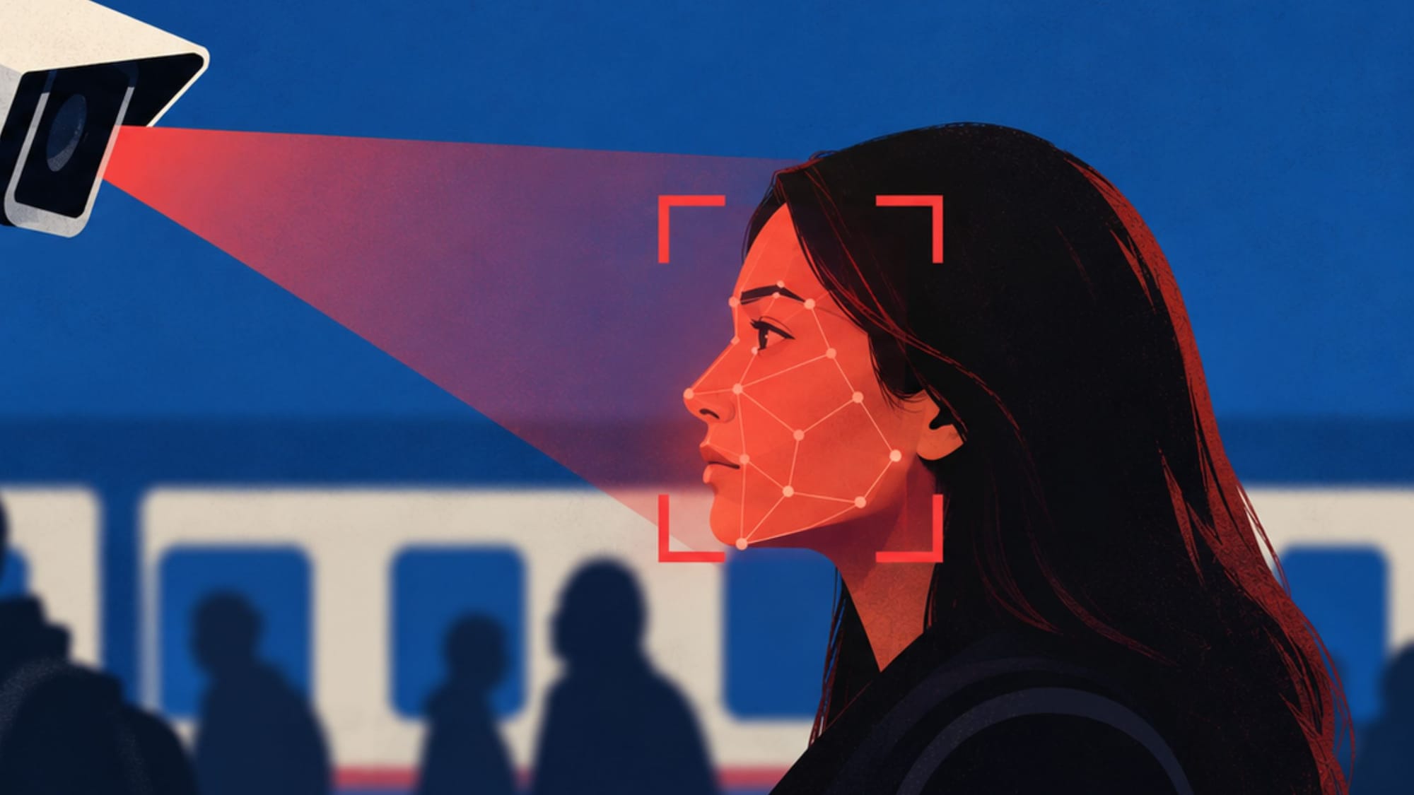 Surveillance camera scanning a woman's face with a red facial recognition grid at a public transit station.