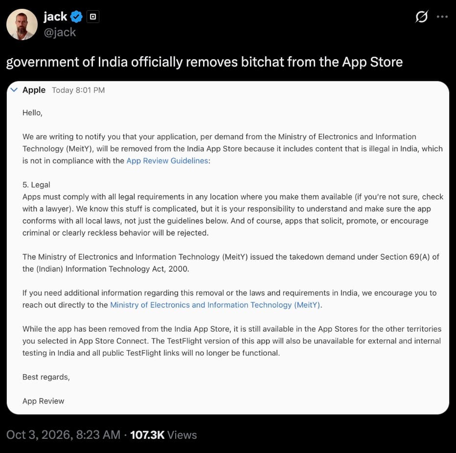 A post by Jack Dorsey sharing an Apple notice that the bitchat app was removed from the India App Store per MeitY demand.