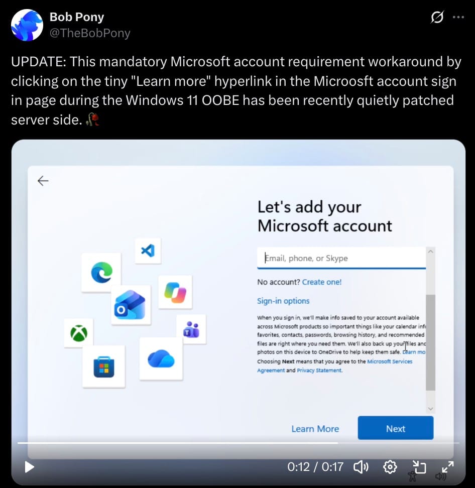 A post by Bob Pony shows the Windows 11 setup screen prompting users to sign in with a Microsoft account.