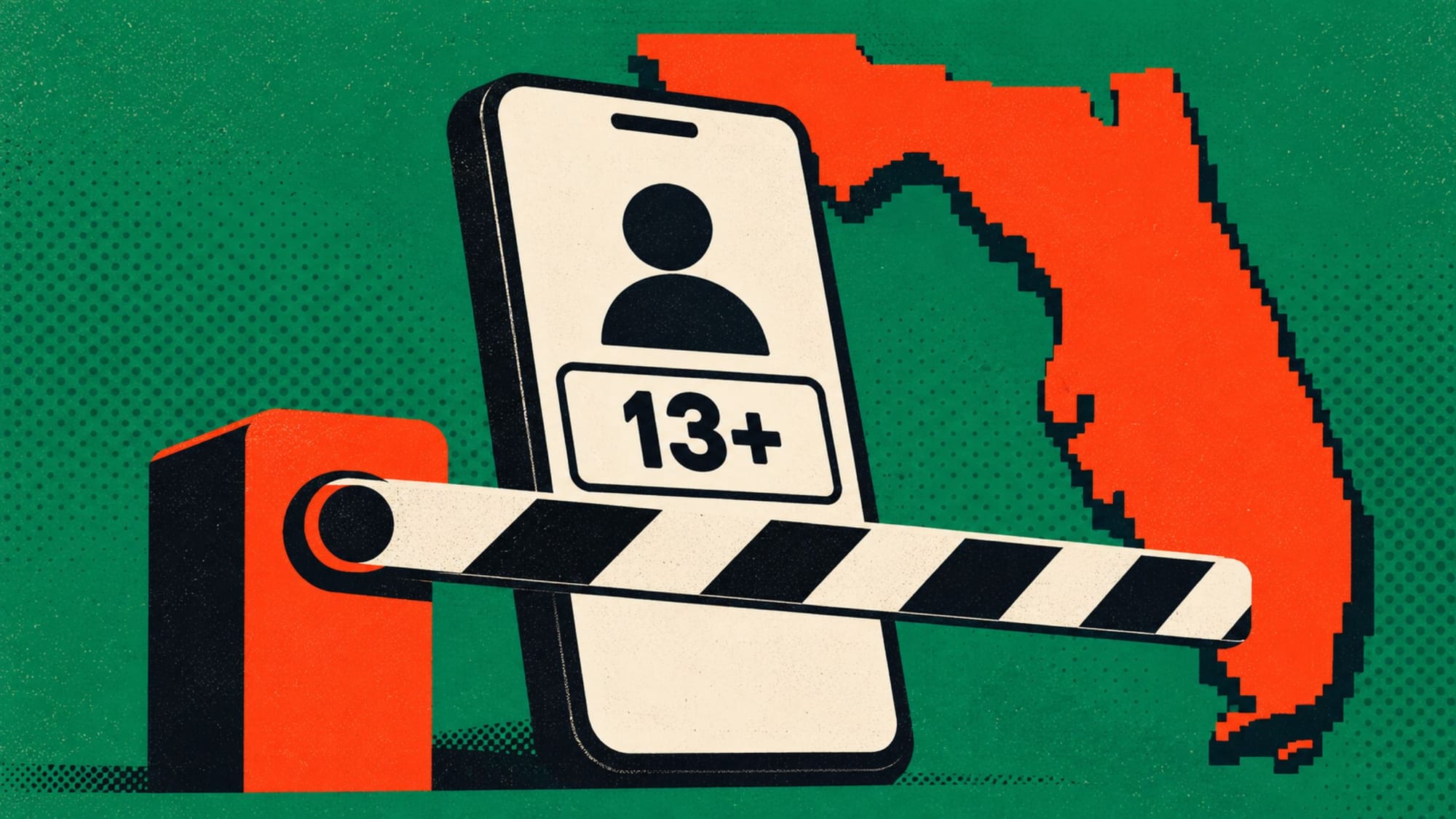 A barrier gate blocks a smartphone showing a user profile and 13+ badge, positioned beside an outline of Florida.