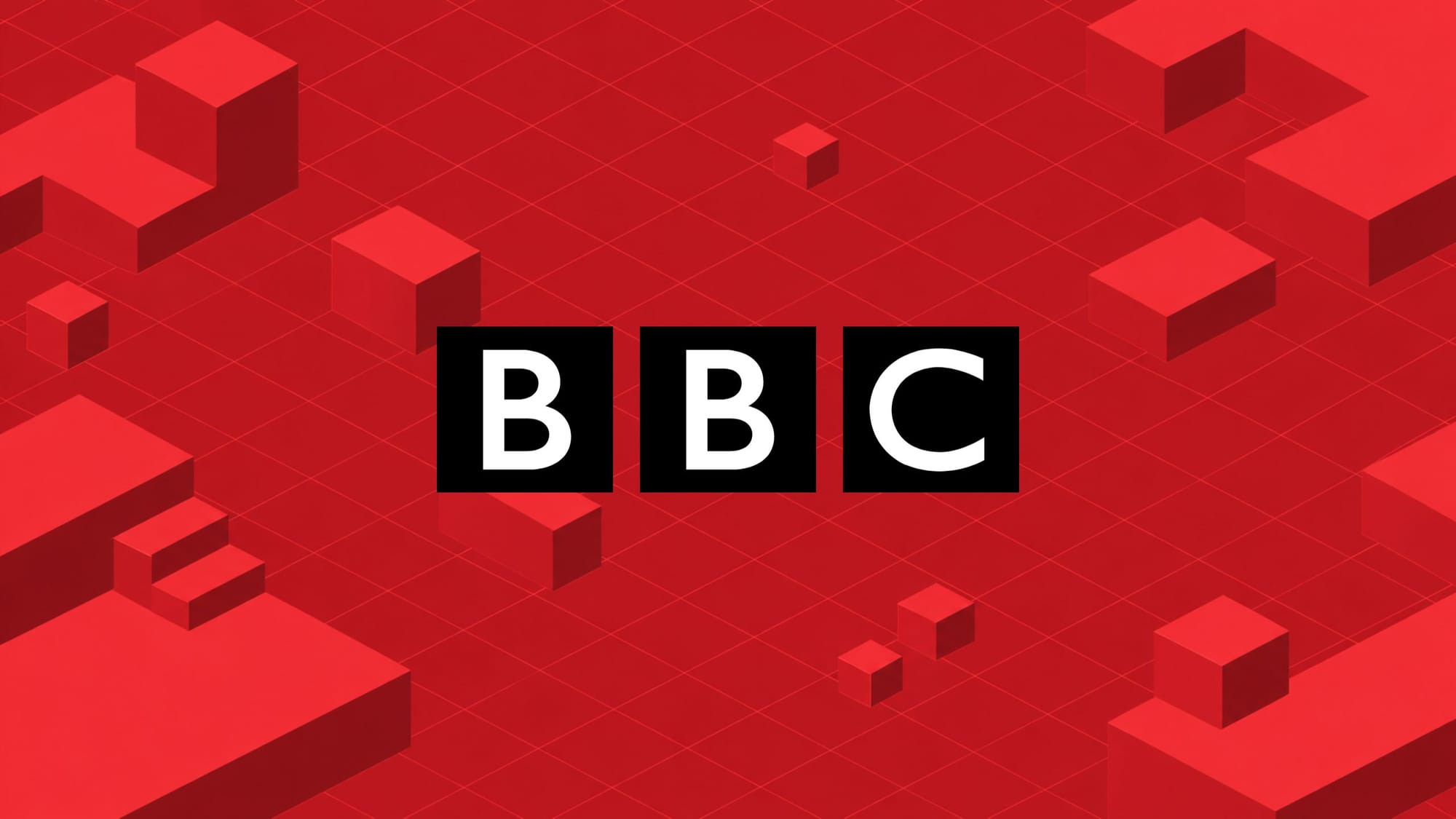 The BBC logo displayed over a red isometric grid with 3D blocks.