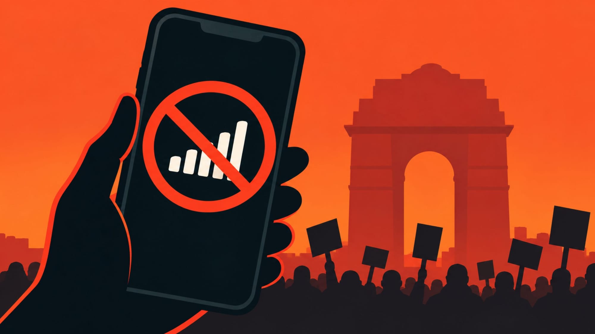 Hand holding a phone with a no signal symbol in front of a silhouette of protesters and the India Gate monument.