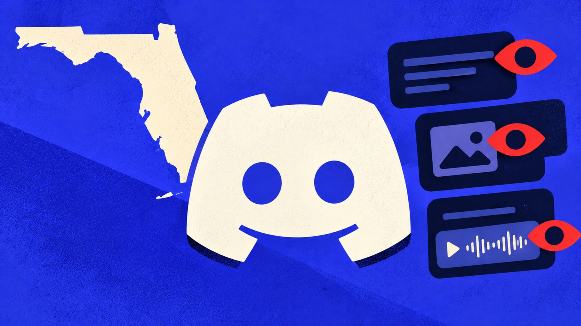 Discord logo beside a map of Florida with message, photo, and audio icons monitored by red eyes.
