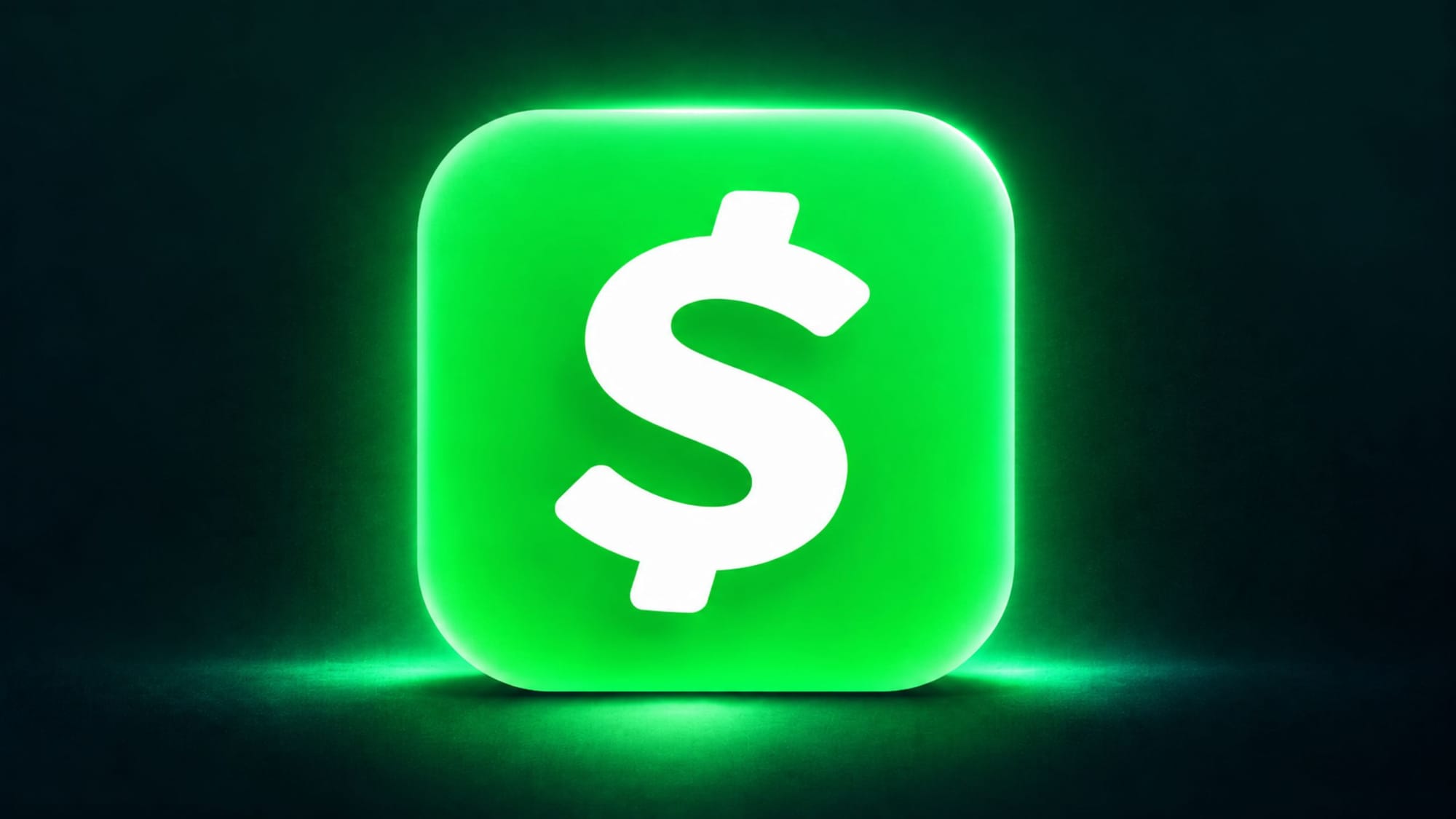 A glowing green Cash App icon featuring a white dollar sign symbol on a dark background.