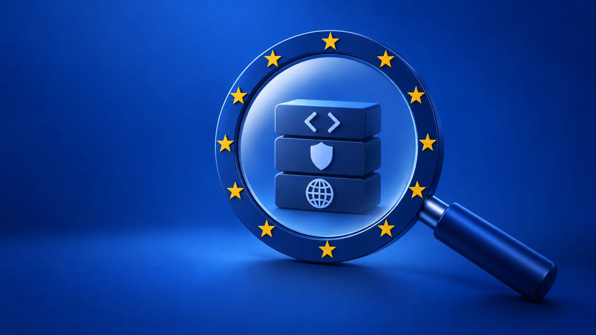 A magnifying glass with EU stars inspecting server blocks marked with code, shield, and globe symbols.