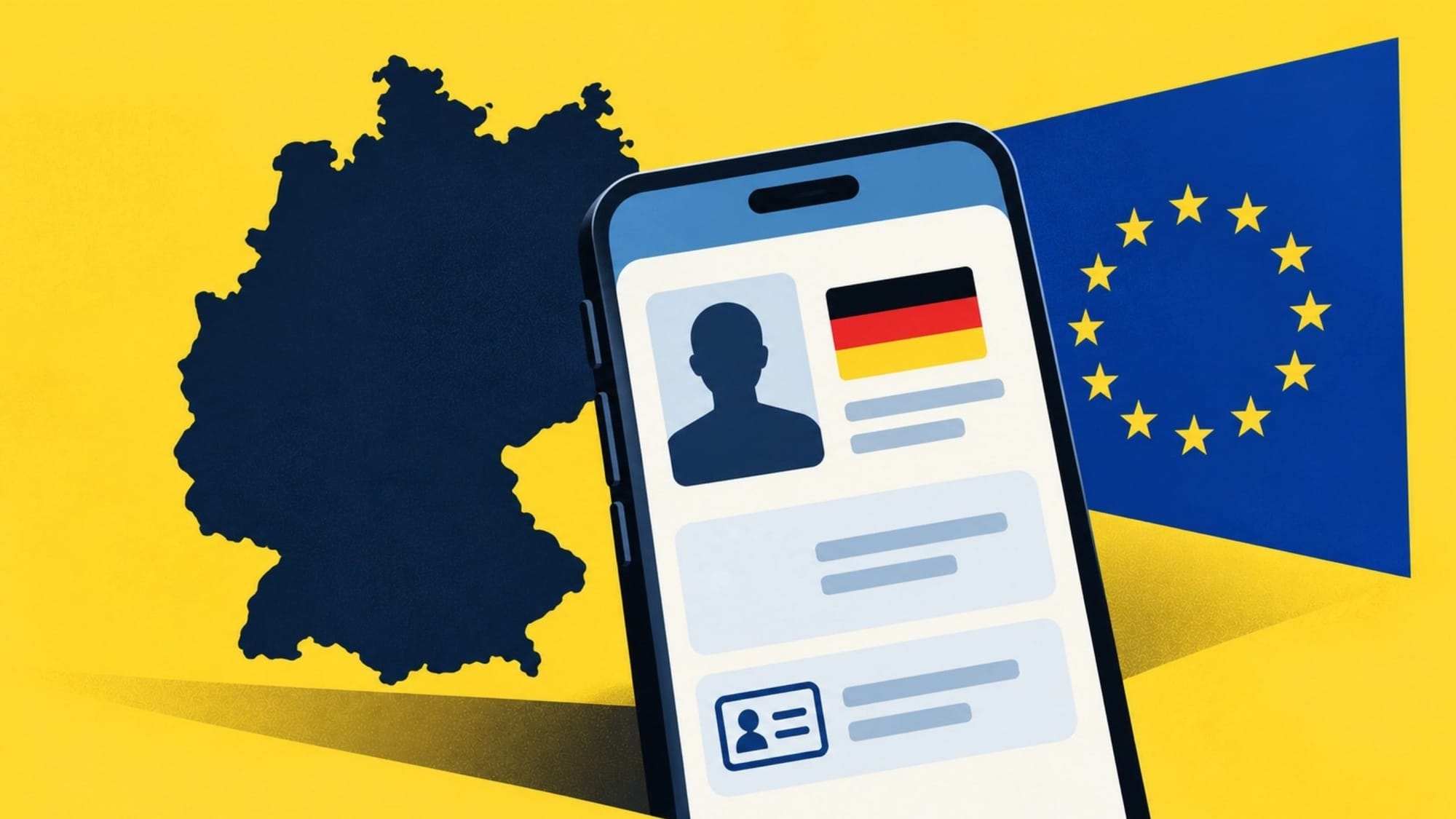 A smartphone displaying a digital German ID next to a map of Germany and an EU flag on a yellow background.