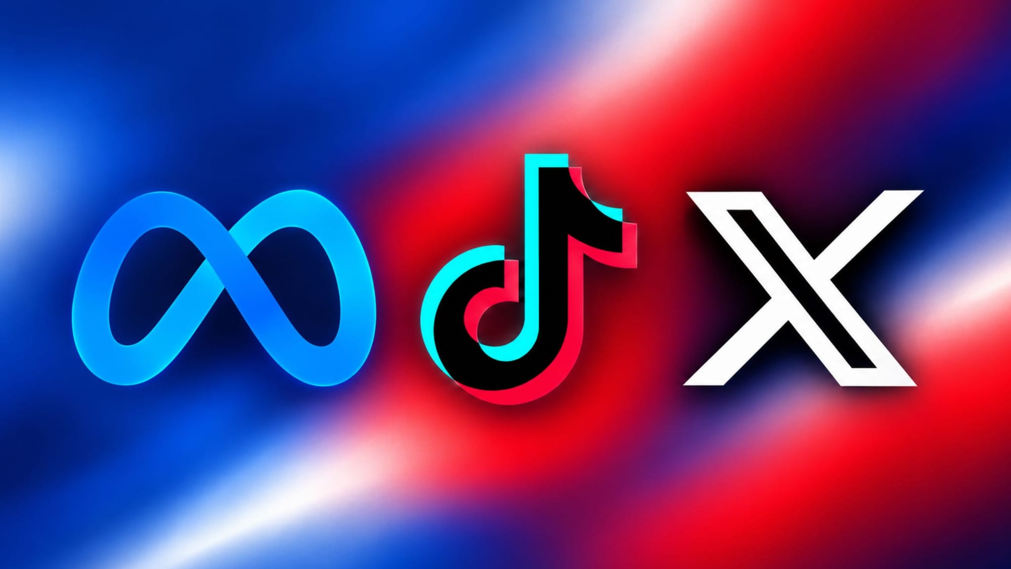 Meta, TikTok, and X logos displayed side by side against a blurred blue and red gradient background.