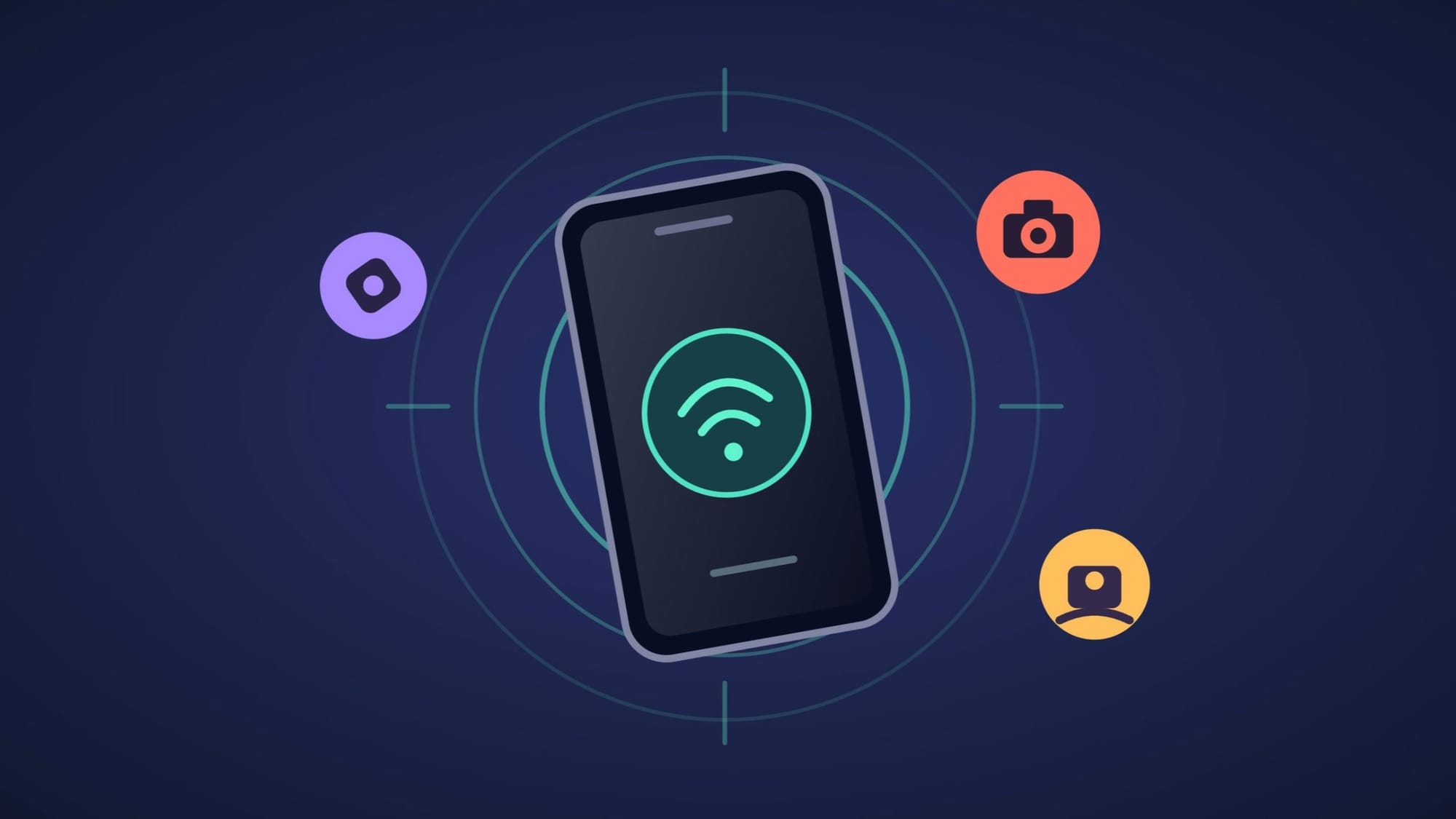 Smartphone with a Wi-Fi symbol on screen surrounded by a crosshair target and camera icons.