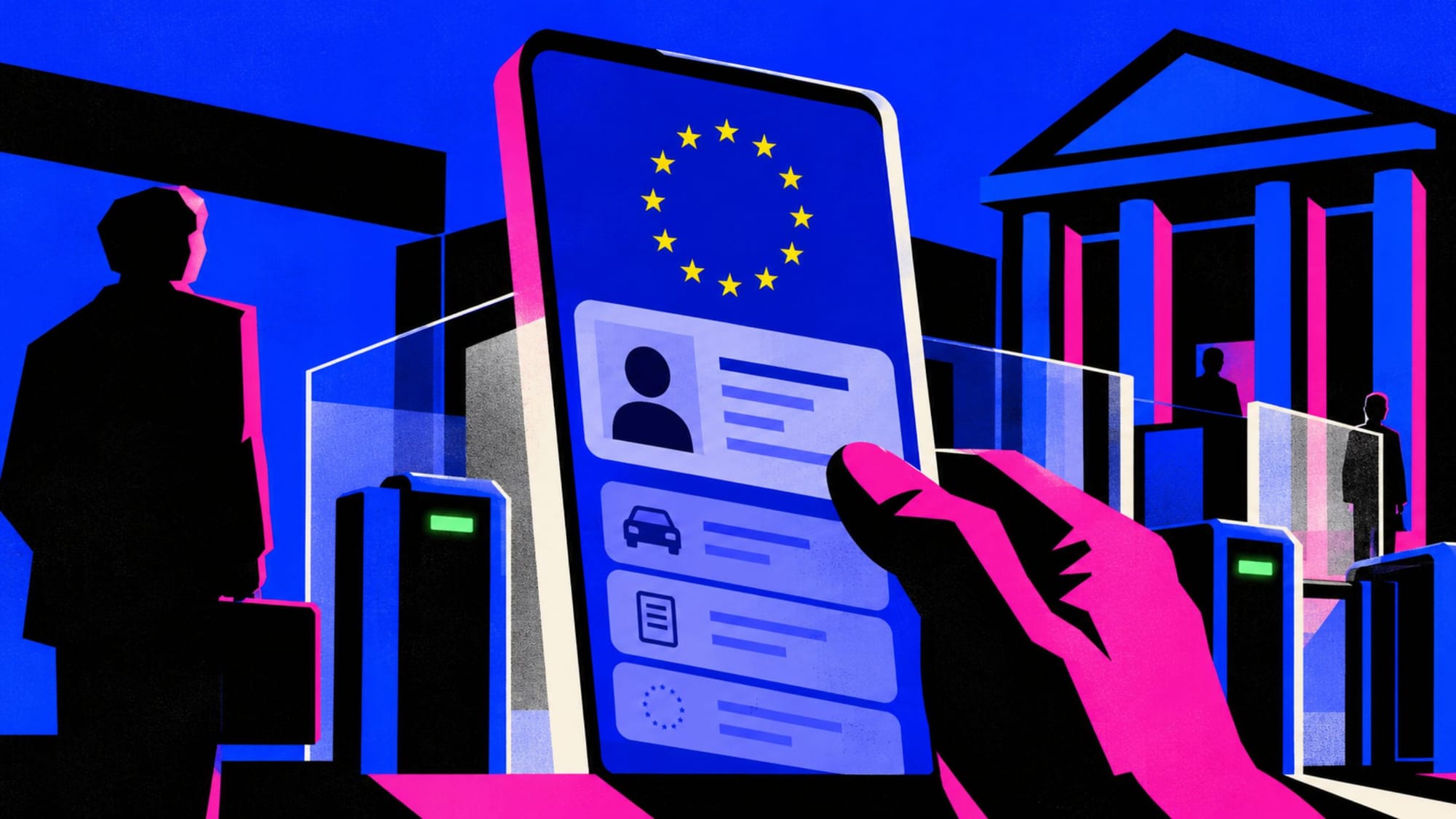 Hand holding a smartphone displaying an EU digital ID wallet in front of a government building and access gates.