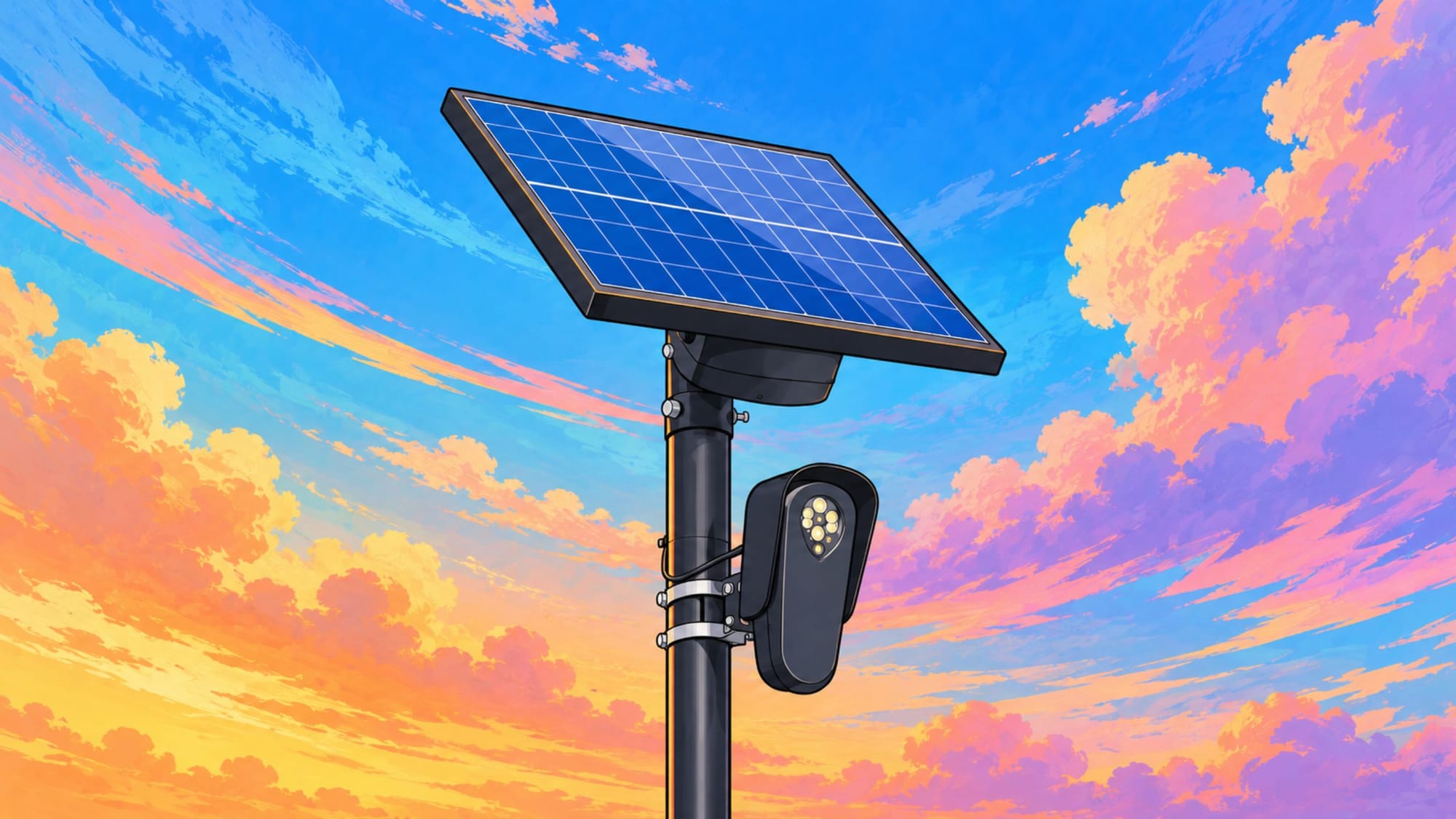 Illustration of a solar-powered surveillance camera mounted on a pole against a colorful sunset sky.