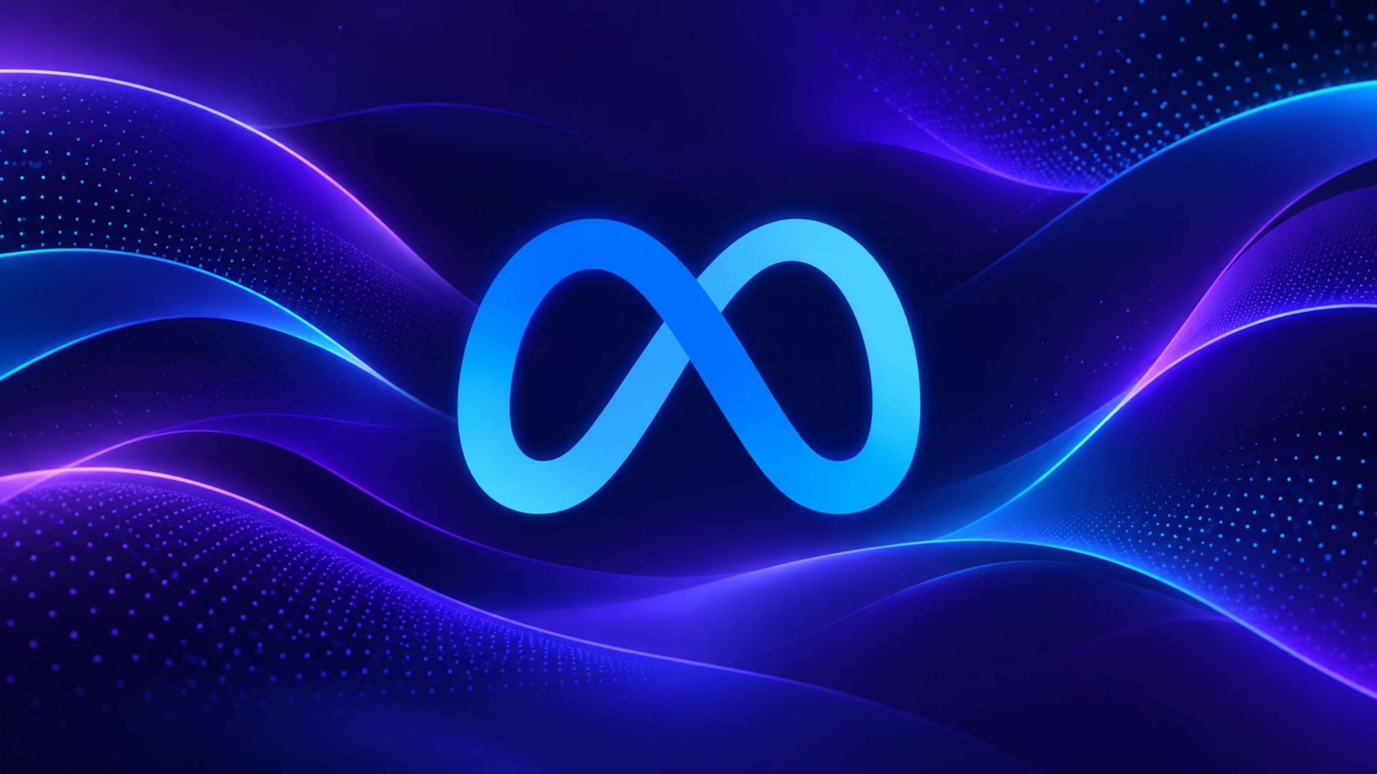 Glowing blue Meta infinity logo centered over abstract wavy purple and blue digital lines and particles.