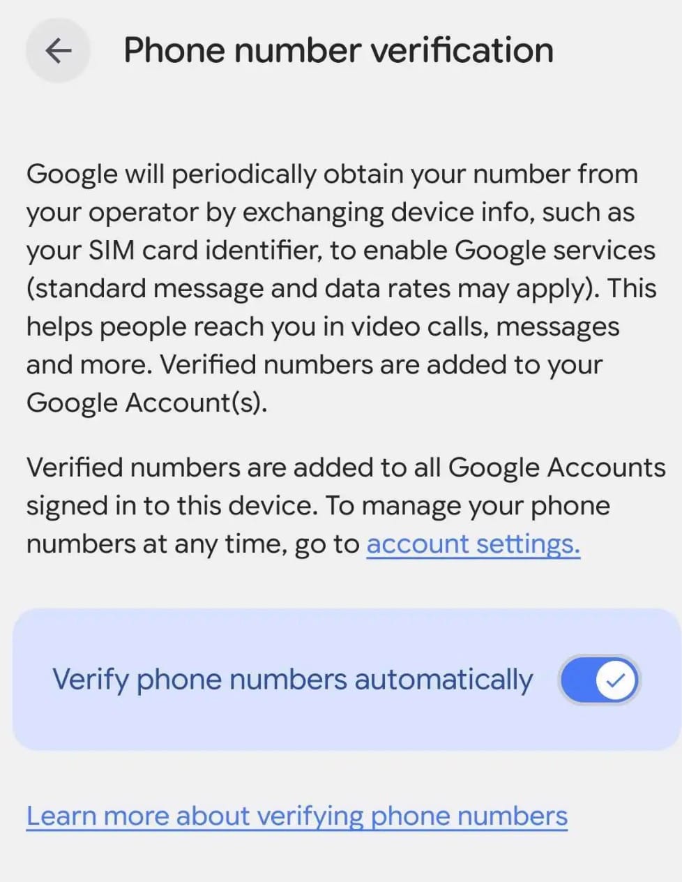 Google phone number verification screen showing the enabled setting to verify phone numbers automatically.