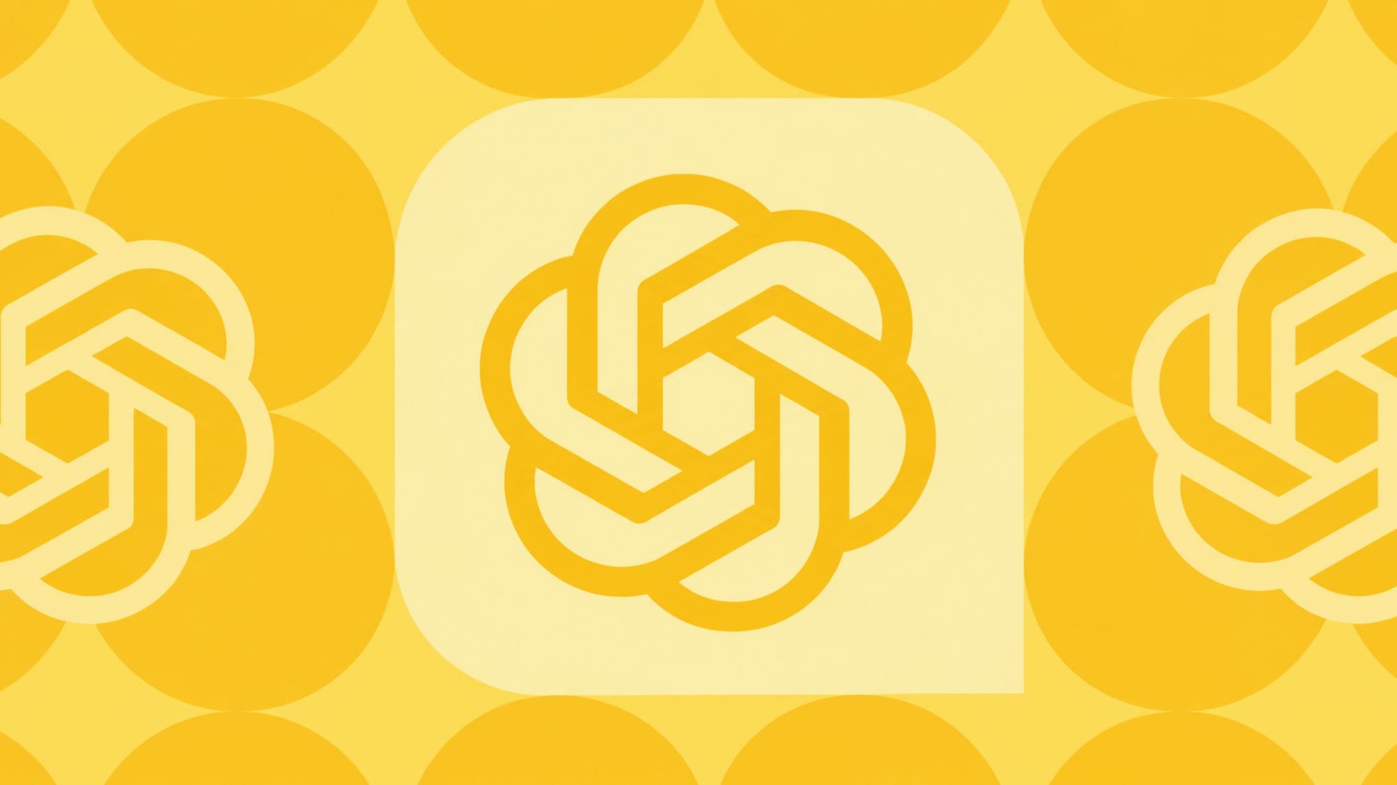 Yellow OpenAI logo centered on a light square over a patterned gold circle background.
