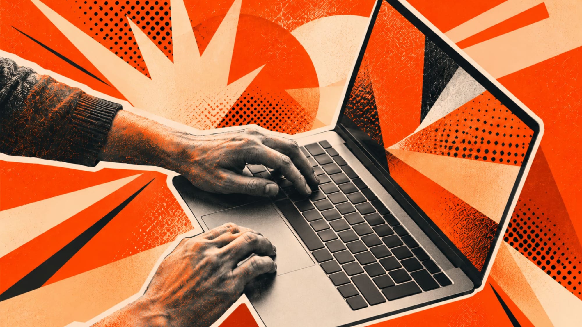 Hands typing on a laptop keyboard against a stylized background of red, orange, and white geometric bursts.